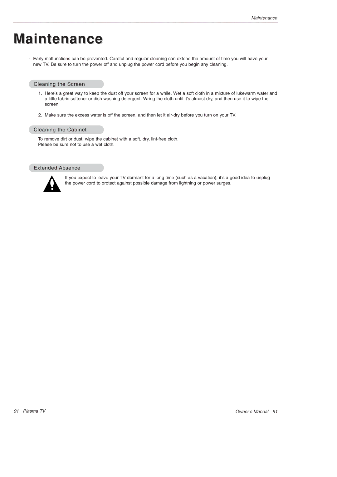 LG Electronics DU-42PY10X owner manual Cleaning the Screen, Cleaning the Cabinet, Extended Absence 