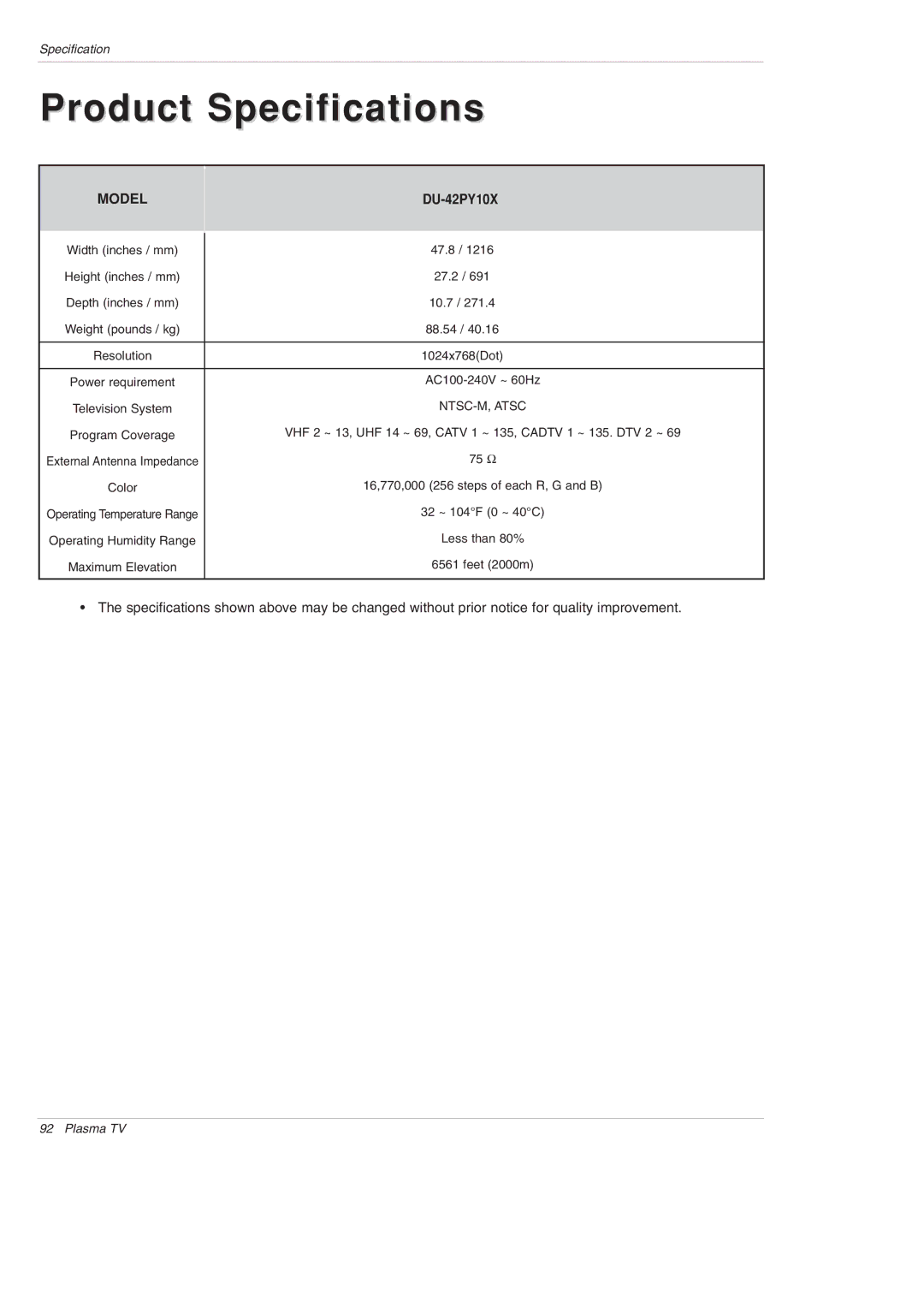 LG Electronics DU-42PY10X owner manual Product Specifications 