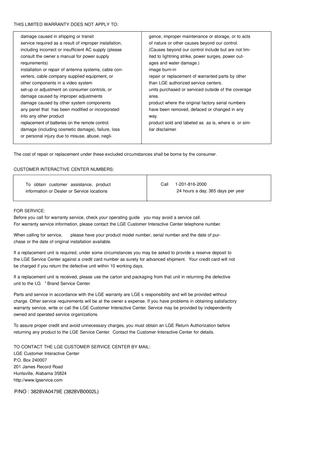 LG Electronics DU-42PY10X owner manual No 3828VA0479E 3828VB0002L, This Limited Warranty does not Apply to 