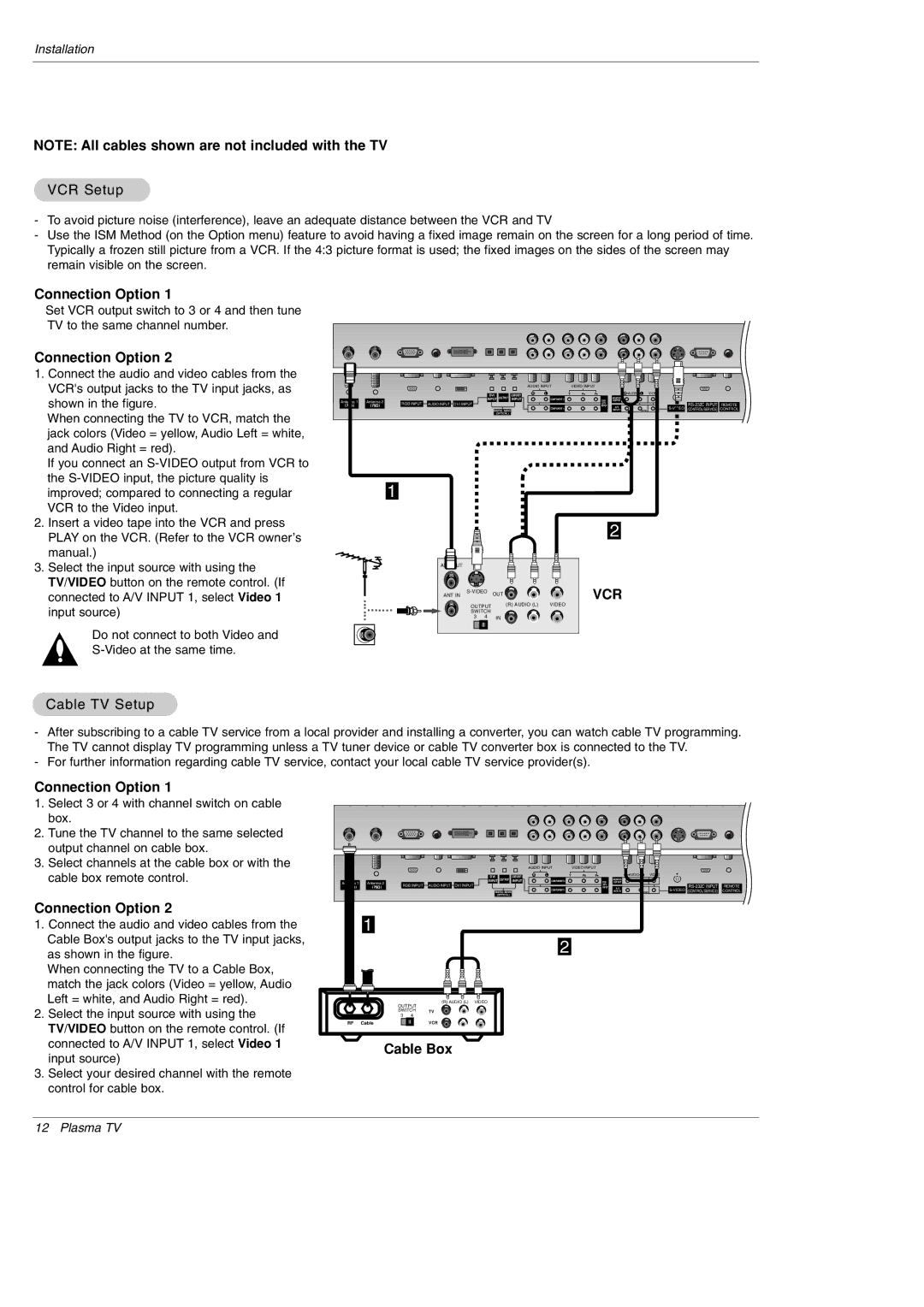 LG Electronics 70HB, DU-42PZ60, 70K, 70A, 70C, 60R, 70HR, 70HA, 70HC, 70HK VCR Setup, Connection Option, Cable TV Setup, Cable Box 