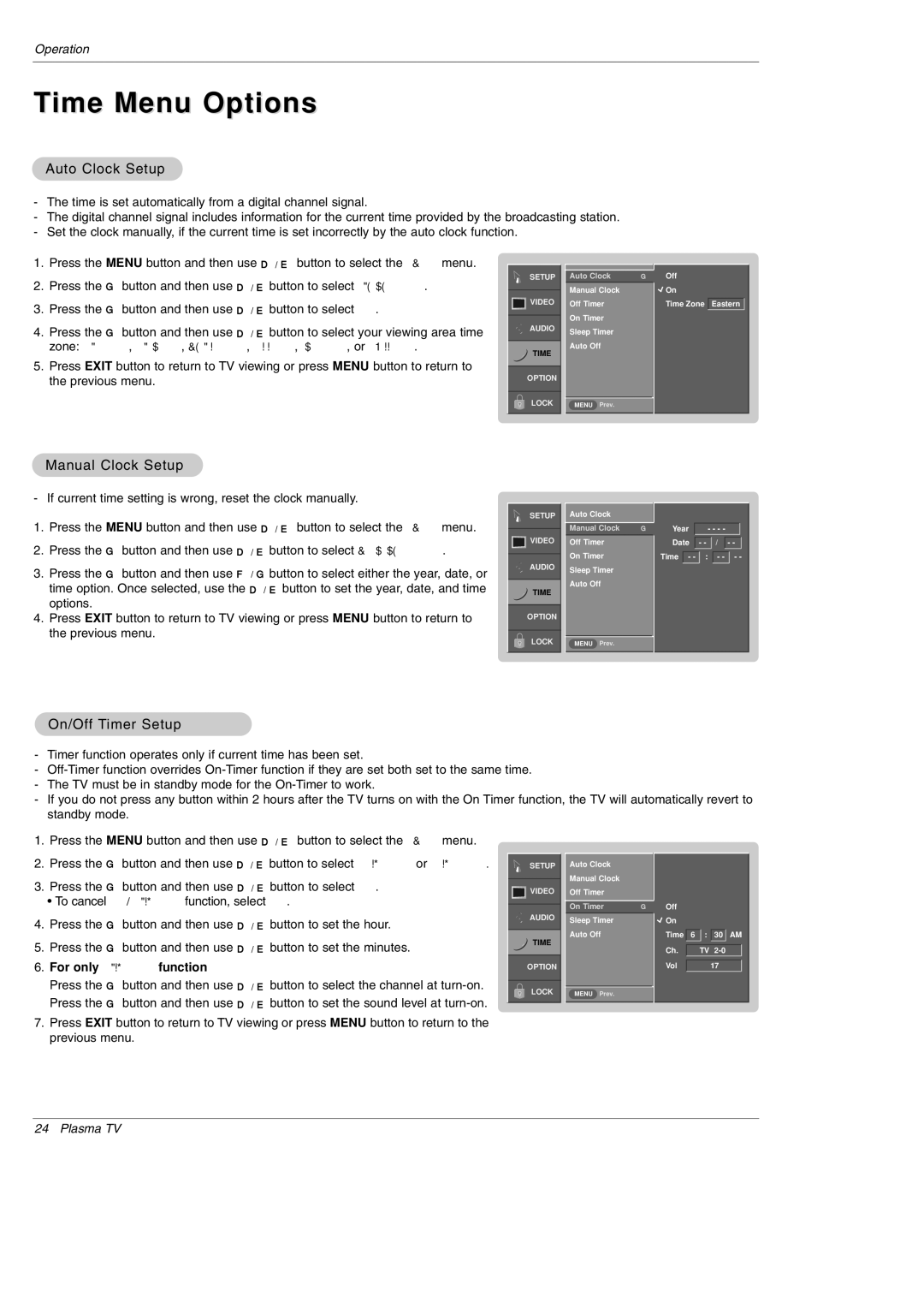 LG Electronics 60S DU-50PZ60H, DU-42PZ60, 70K Time Menu Options, Auto Clock Setup, Manual Clock Setup, On/Off Timer Setup 