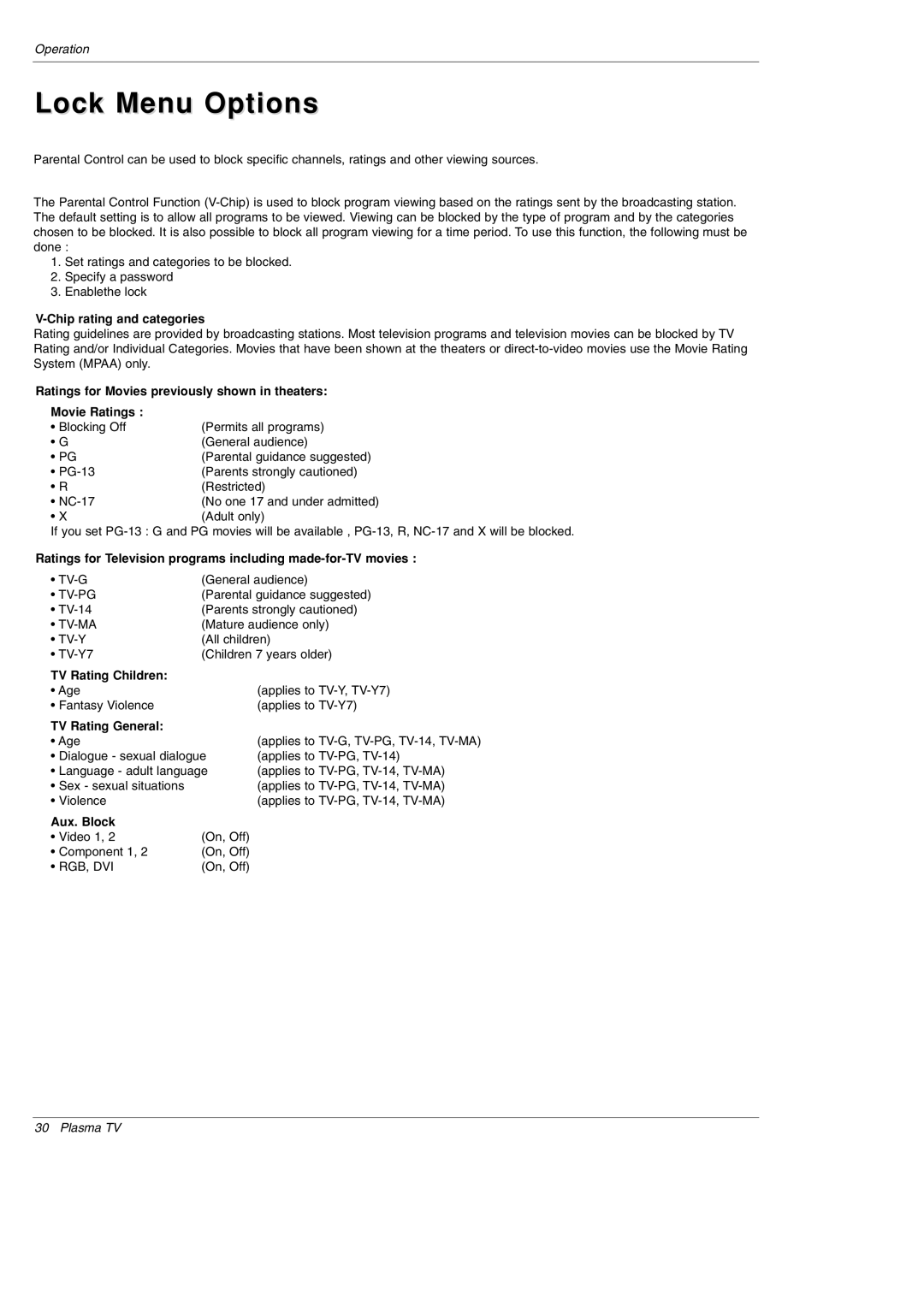 LG Electronics 70A, 70K Lock Menu Options, Chip rating and categories, TV Rating Children, TV Rating General, Aux. Block 