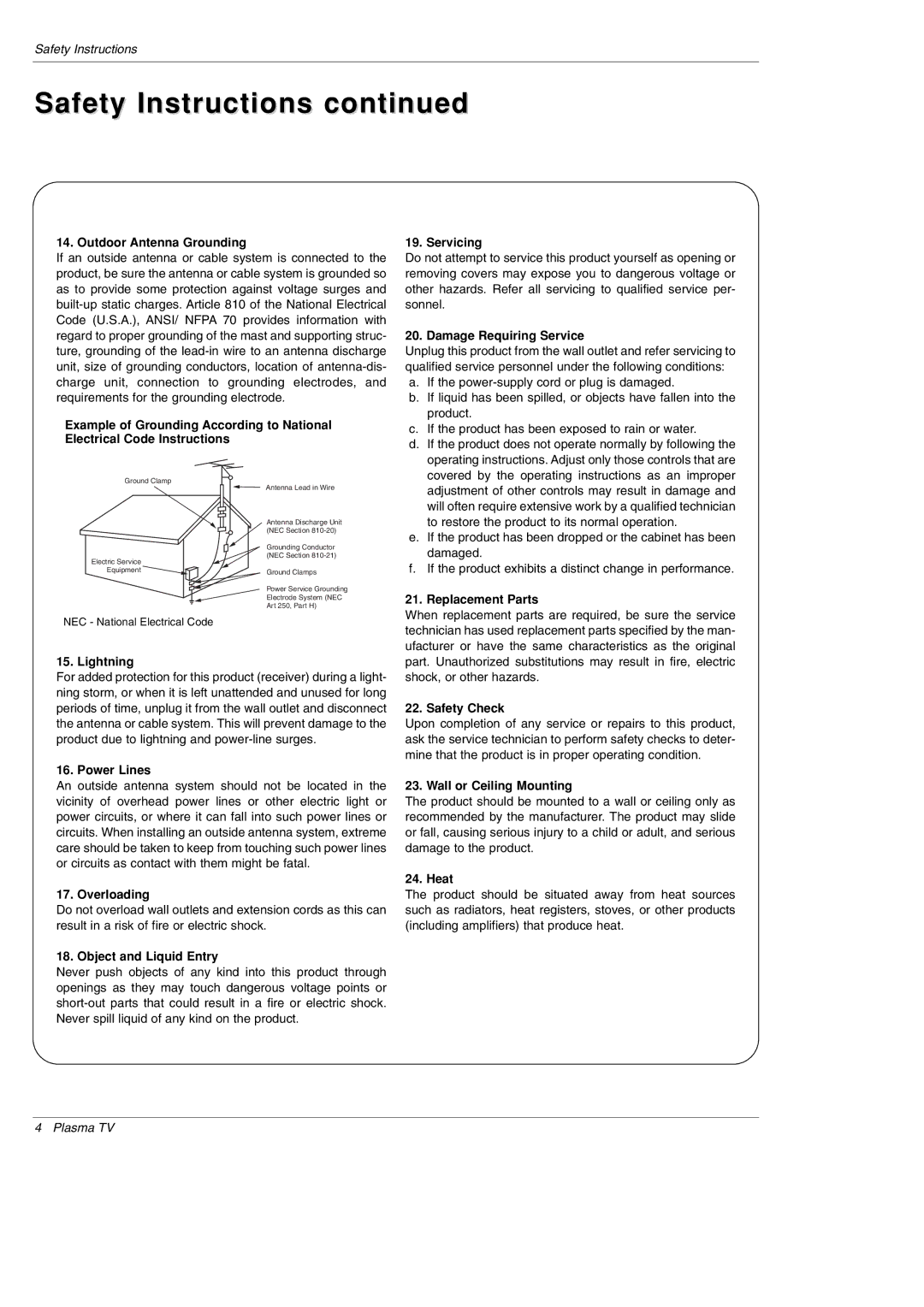 LG Electronics 60R, 70K, 70A, 70C, 70HR, 70HA, 70HC, 70HK, 70HS, 60S DU-42PZ60H, 70B, 70HB, 60HA, 60HB, 60C, 60B Safety Instructions 