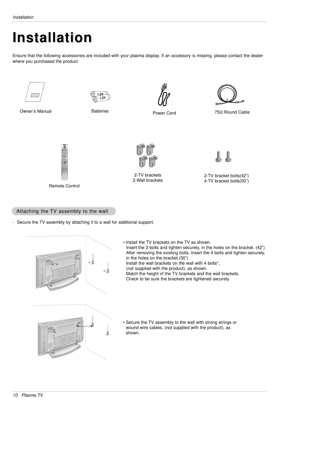 LG Electronics DU-50PX10, DU-42PX12X owner manual Installation, Attaching the TV assembly to the wall 