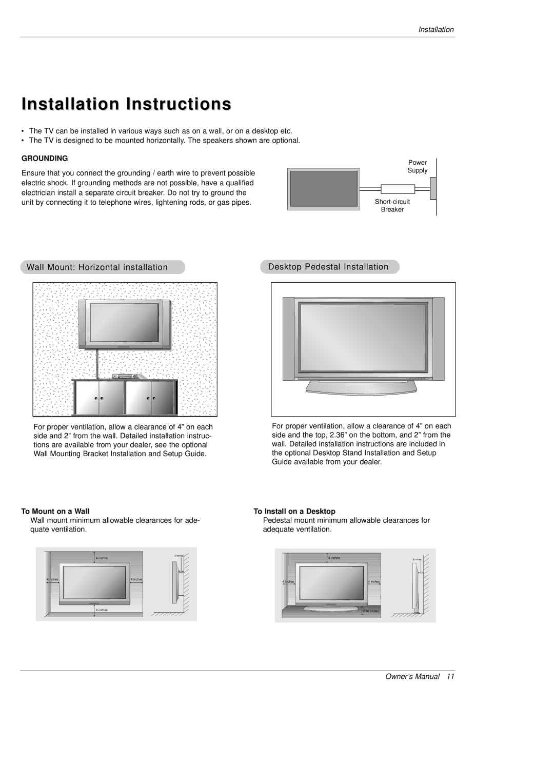 LG Electronics DU-42PX12X, DU-50PX10 owner manual Installation Instructions, To Mount on a Wall, To Install on a Desktop 