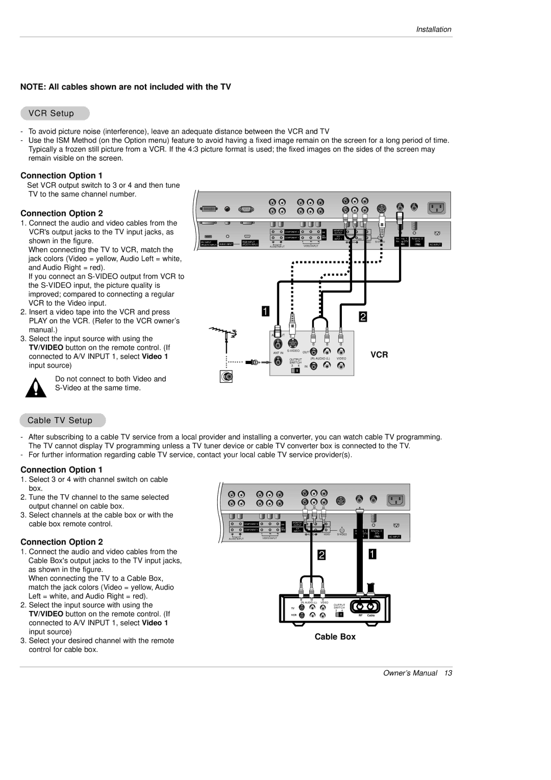 LG Electronics DU-42PX12X, DU-50PX10 owner manual VCR Setup, Connection Option, Cable TV Setup, Cable Box 