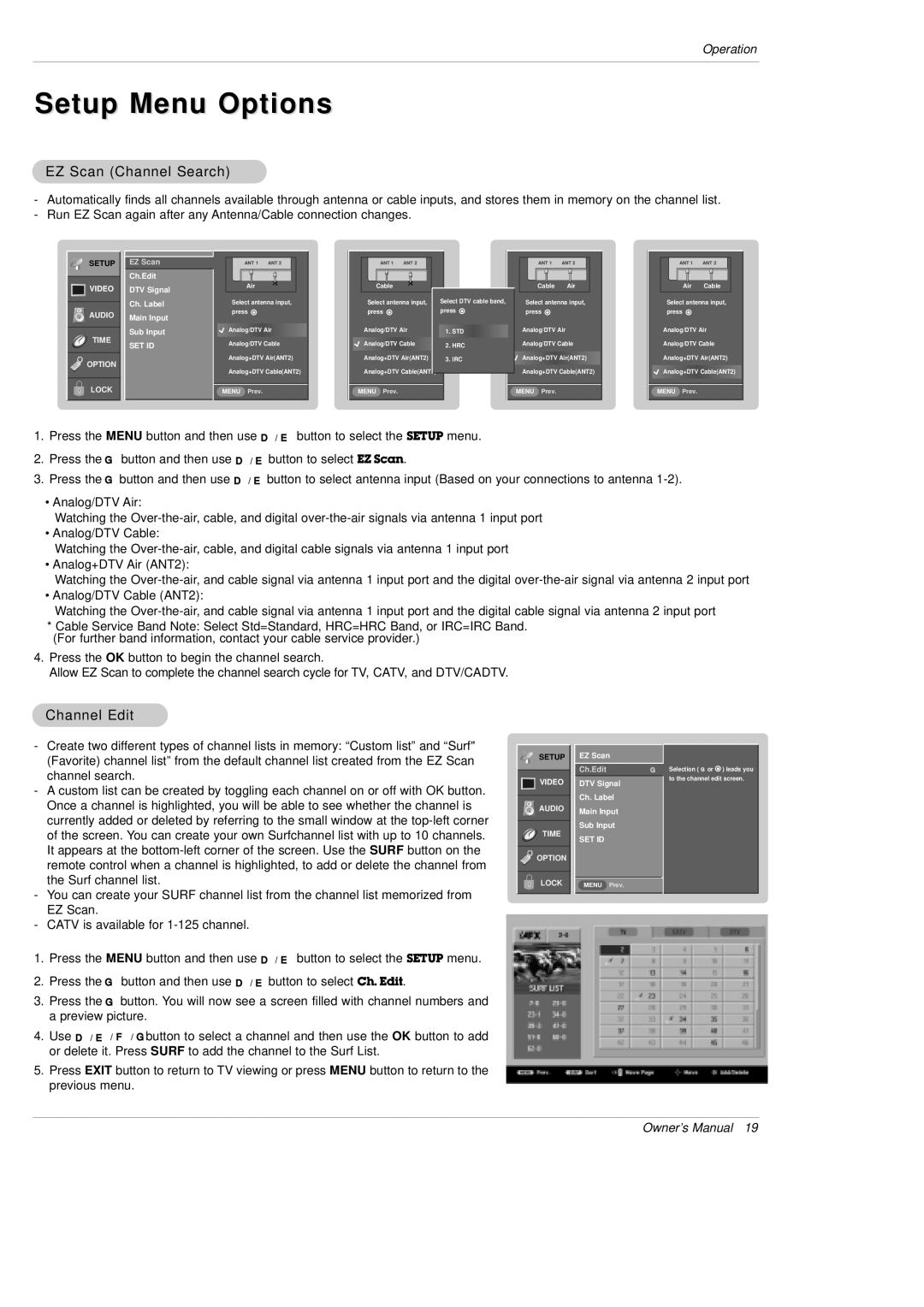 LG Electronics DU-42PX12X, DU-50PX10 owner manual Setup Menu Options, EZ Scan Channel Search, Channel Edit 