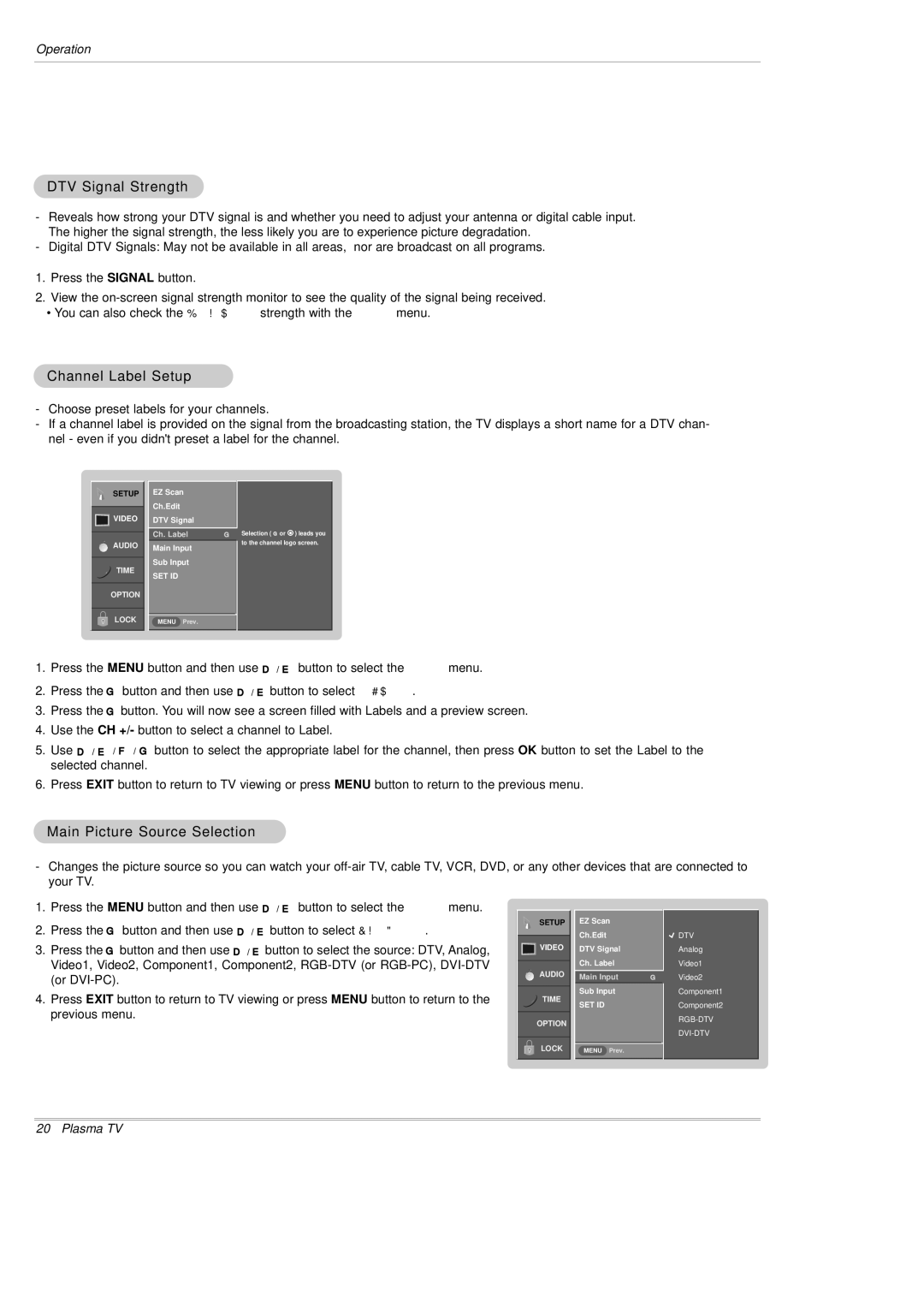 LG Electronics DU-50PX10, DU-42PX12X owner manual DTV Signal Strength, Channel Label Setup, Main Picture Source Selection 