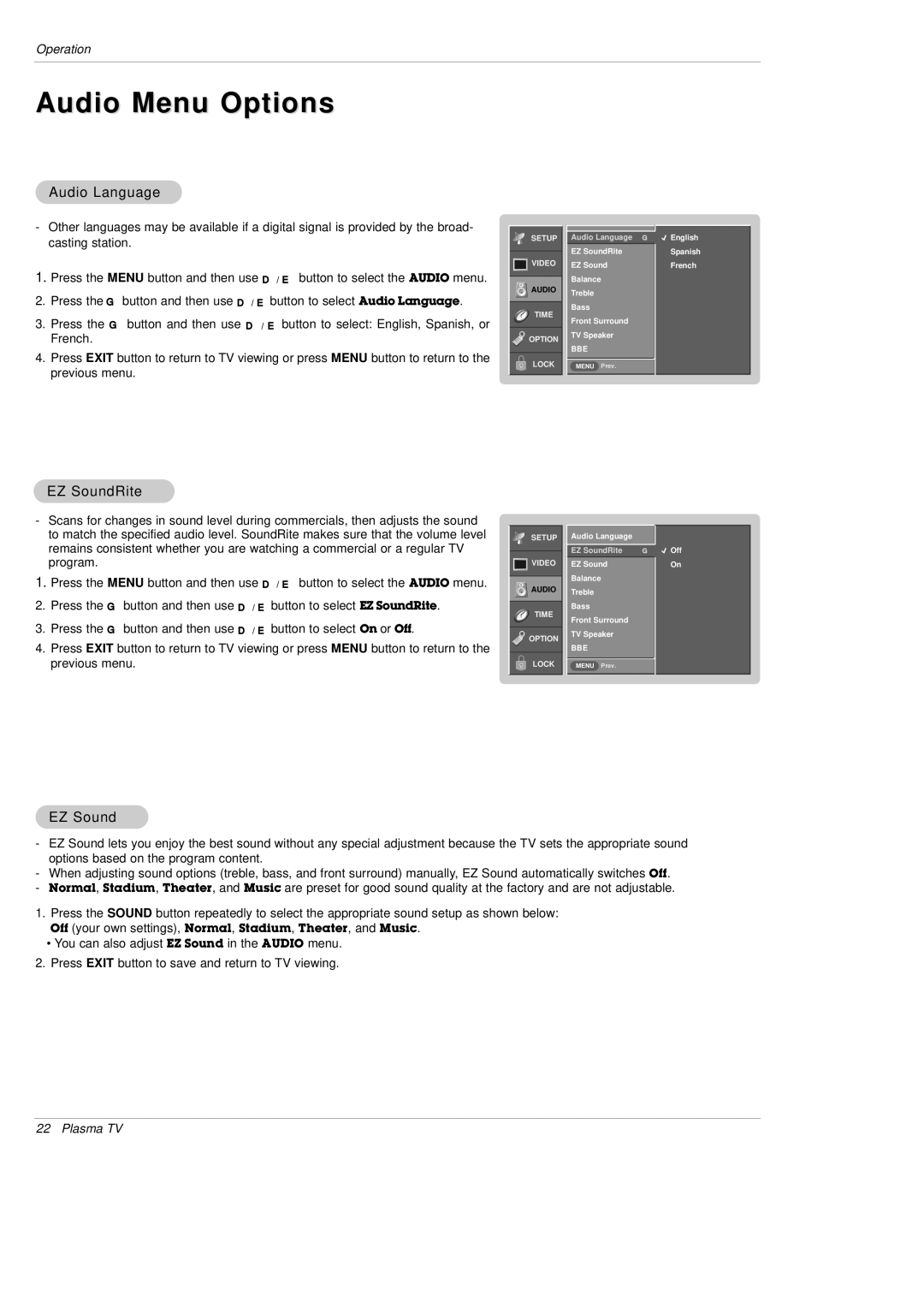 LG Electronics DU-50PX10, DU-42PX12X owner manual Audio Menu Options, Audio Language, EZ SoundRite 