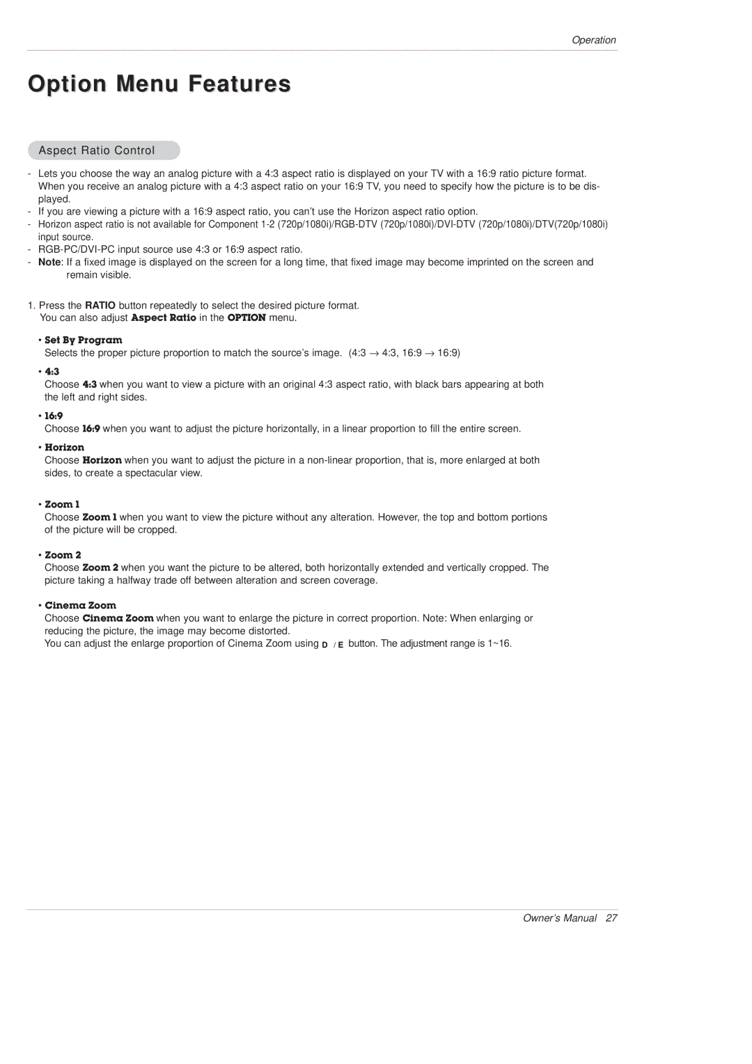 LG Electronics DU-42PX12X, DU-50PX10 owner manual Option Menu Features, Aspect Ratio Control 