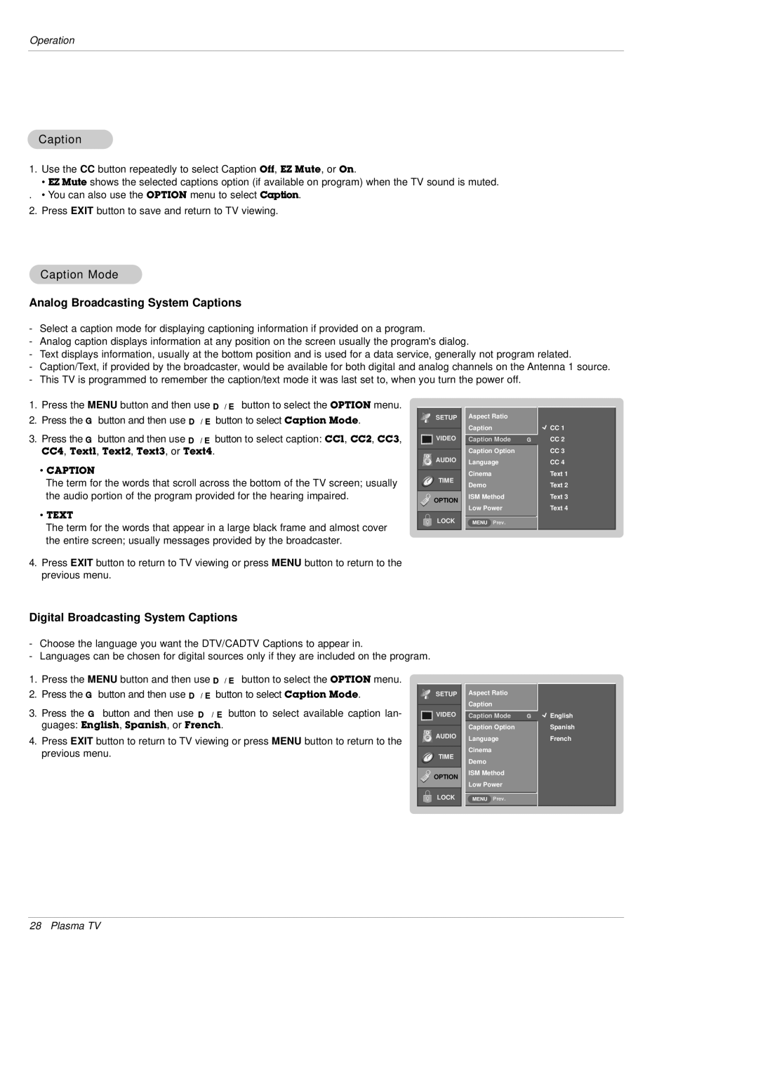 LG Electronics DU-50PX10 Caption Mode, Analog Broadcasting System Captions, Digital Broadcasting System Captions 