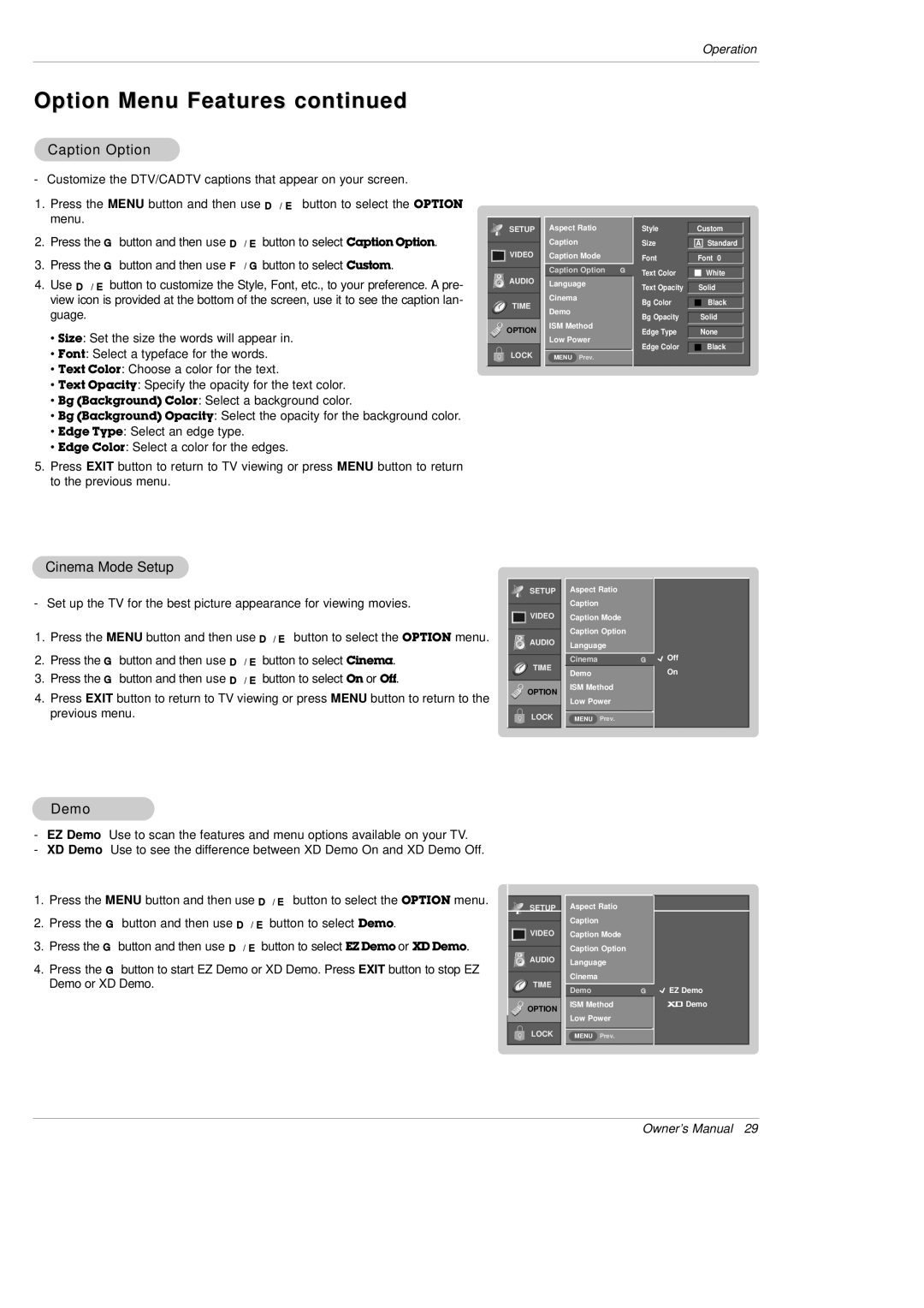 LG Electronics DU-42PX12X, DU-50PX10 owner manual Caption Option, Cinema Mode Setup, Demo 