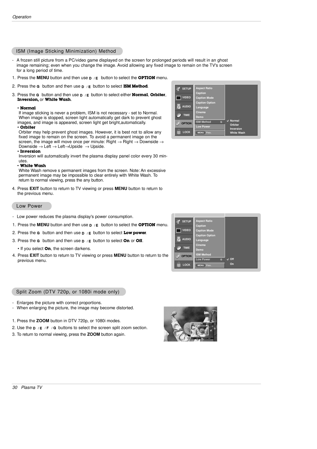 LG Electronics DU-50PX10 ISM Image Sticking Minimization Method, Low Power, Split Zoom DTV 720p, or 1080i mode only 