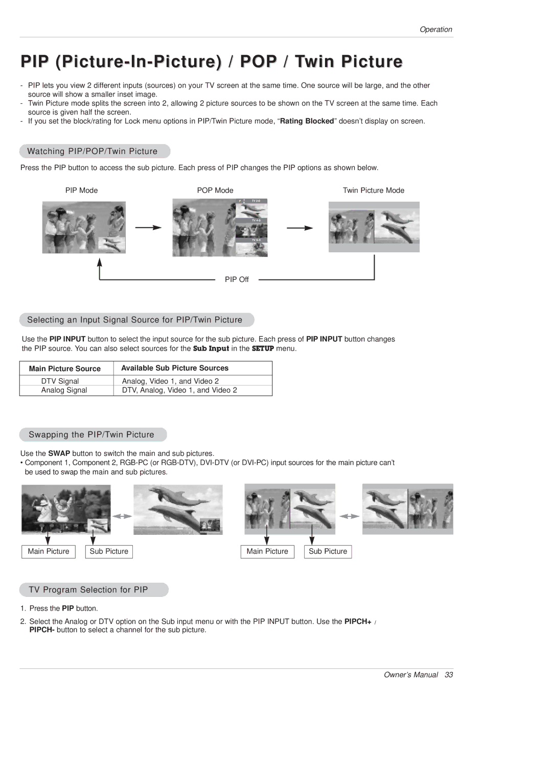 LG Electronics DU-42PX12X, DU-50PX10 owner manual PIP Picture-In-Picture / POP / Twin Picture, Watching PIP/POP/Twin Picture 