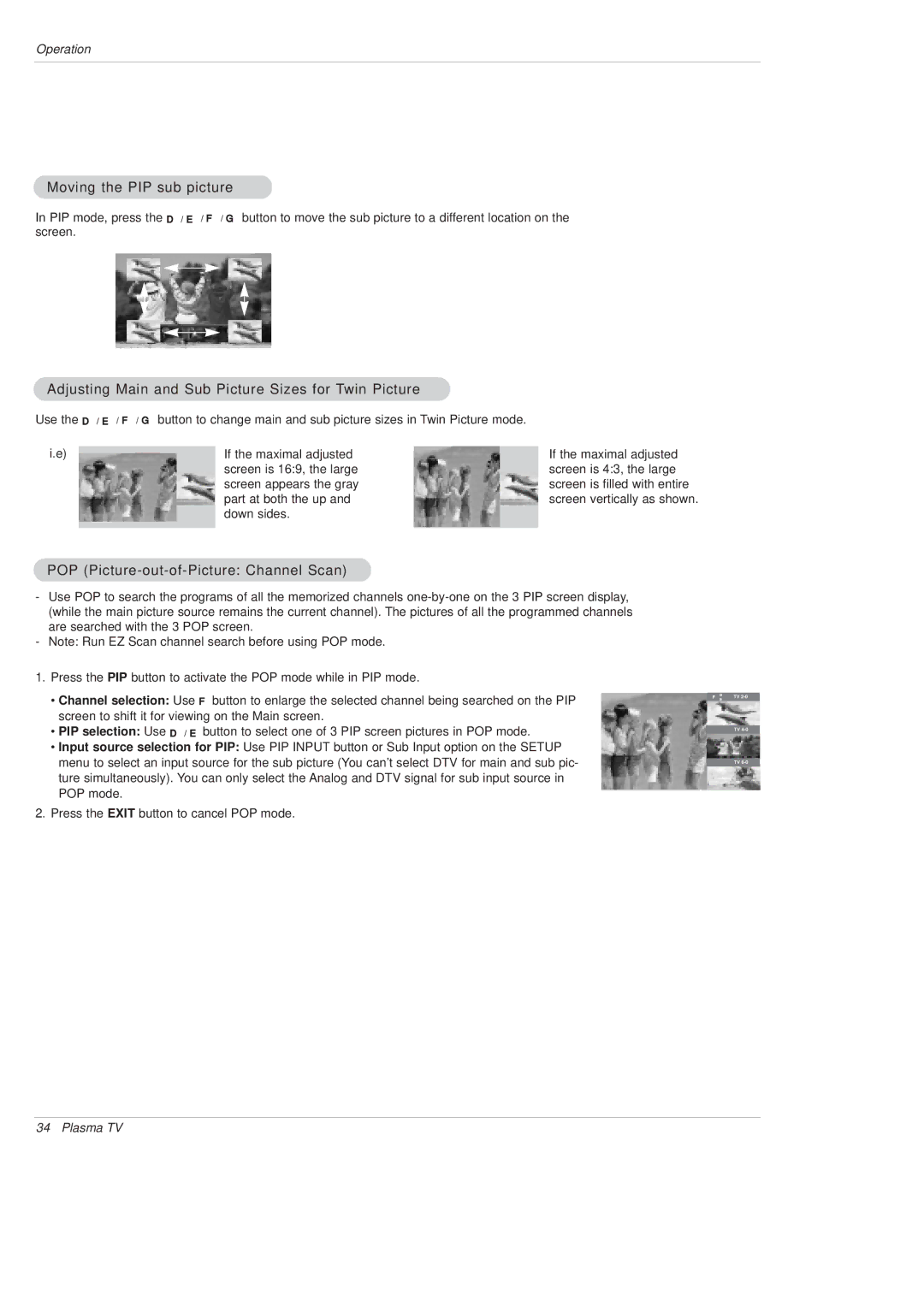 LG Electronics DU-50PX10, DU-42PX12X Moving the PIP sub picture, Adjusting Main and Sub Picture Sizes for Twin Picture 