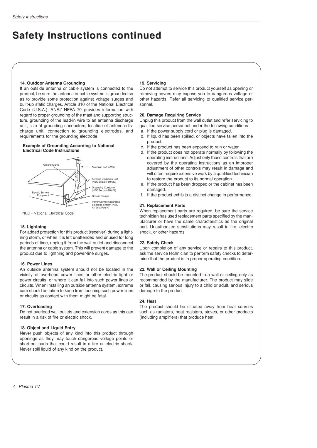 LG Electronics DU-50PX10, DU-42PX12X owner manual Safety Instructions 