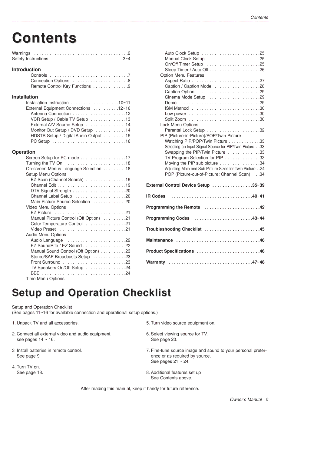 LG Electronics DU-42PX12X, DU-50PX10 owner manual Contents 