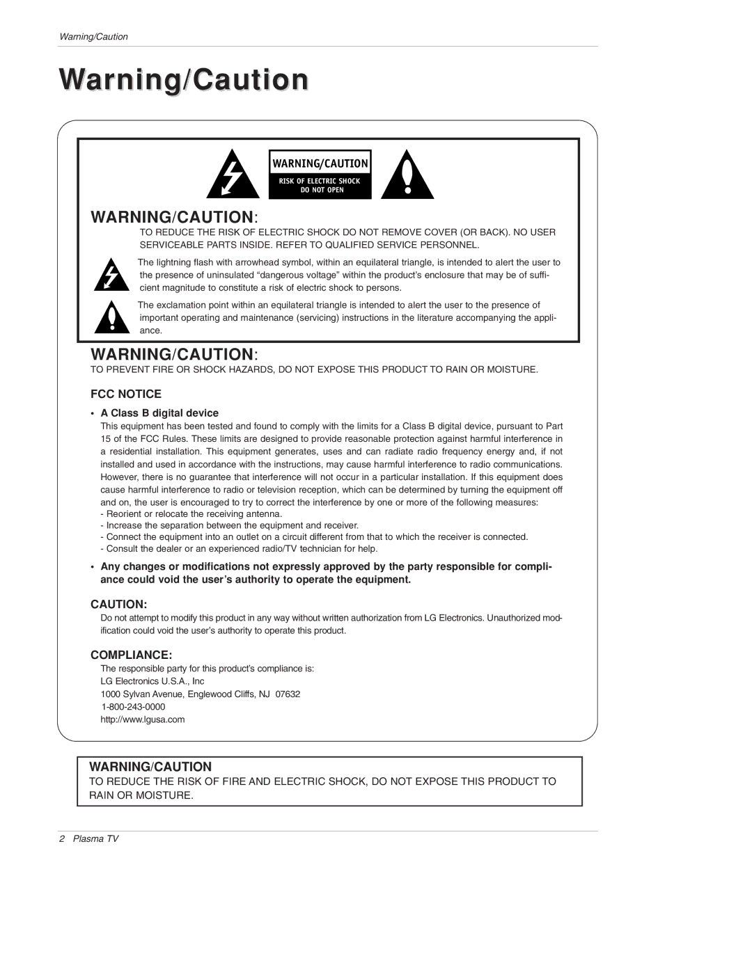 LG Electronics DU-50PX10/10C, DU-42PX12X/12XC owner manual FCC Notice, Class B digital device 