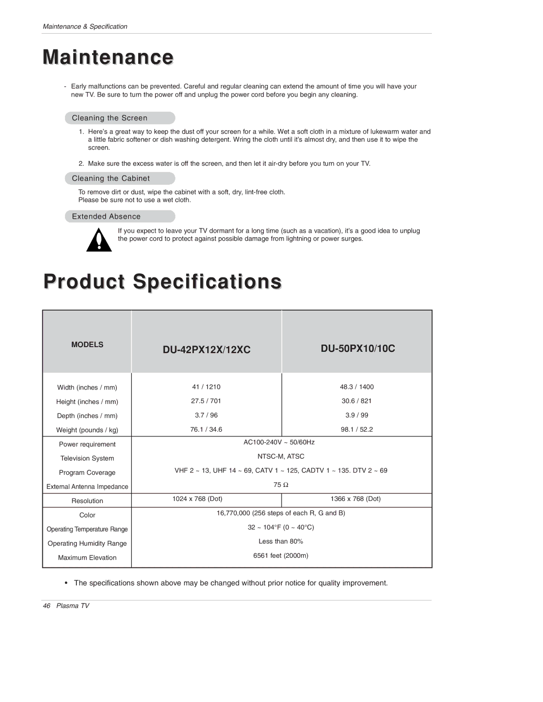 LG Electronics DU-50PX10/10C, DU-42PX12X/12XC owner manual Cleaning the Screen, Cleaning the Cabinet, Extended Absence 