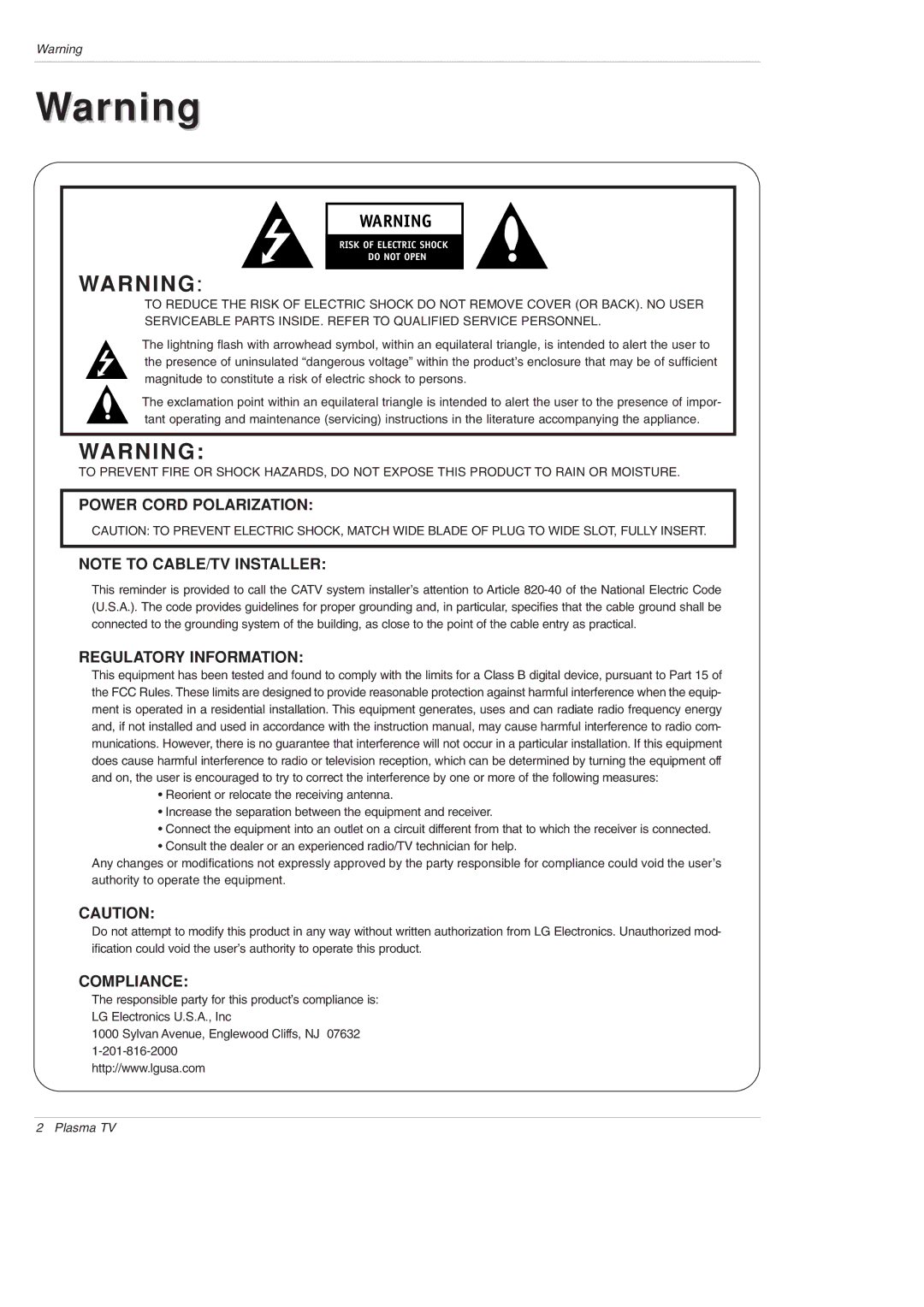 LG Electronics DU-50PY10 owner manual Power Cord Polarization 