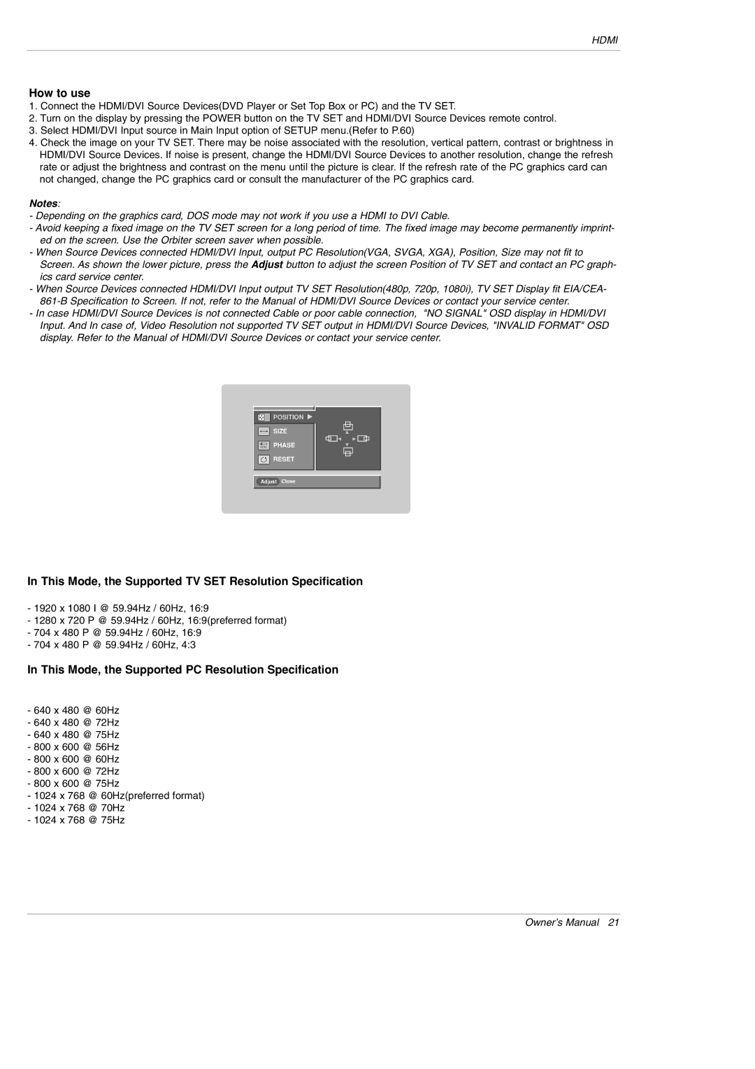 LG Electronics DU-50PY10 owner manual This Mode, the Supported TV SET Resolution Specification 