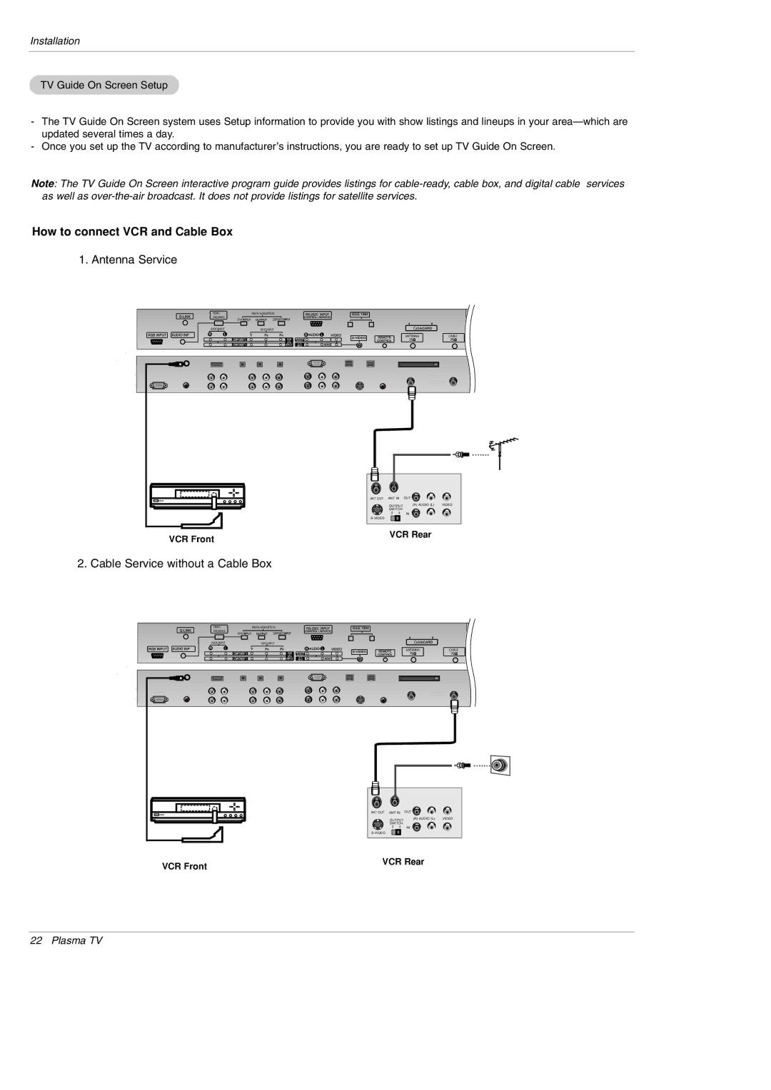 LG Electronics DU-50PY10 owner manual How to connect VCR and Cable Box, Antenna Service, Cable Service without a Cable Box 