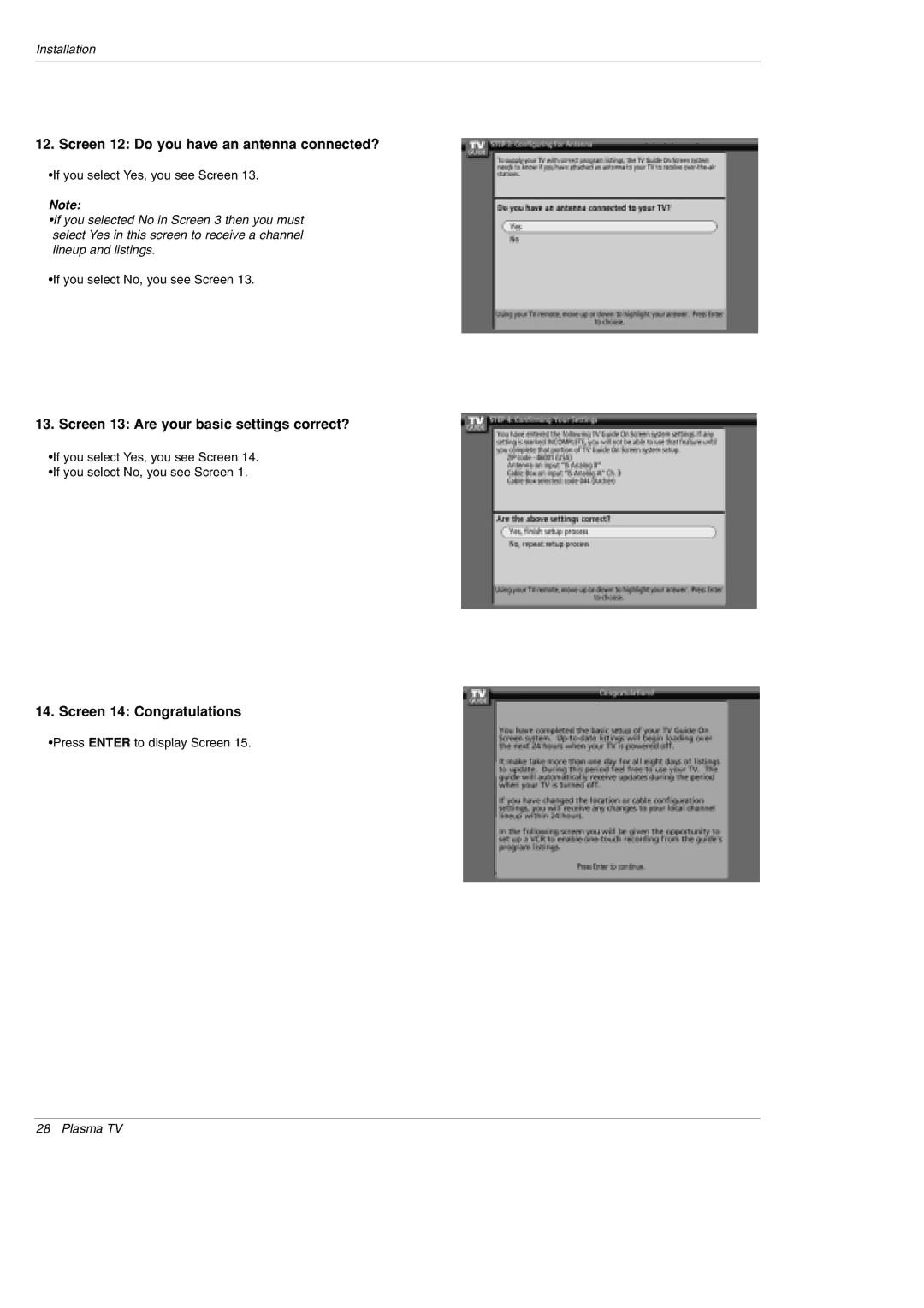 LG Electronics DU-50PY10 Screen 12 Do you have an antenna connected?, Screen 13 Are your basic settings correct? 