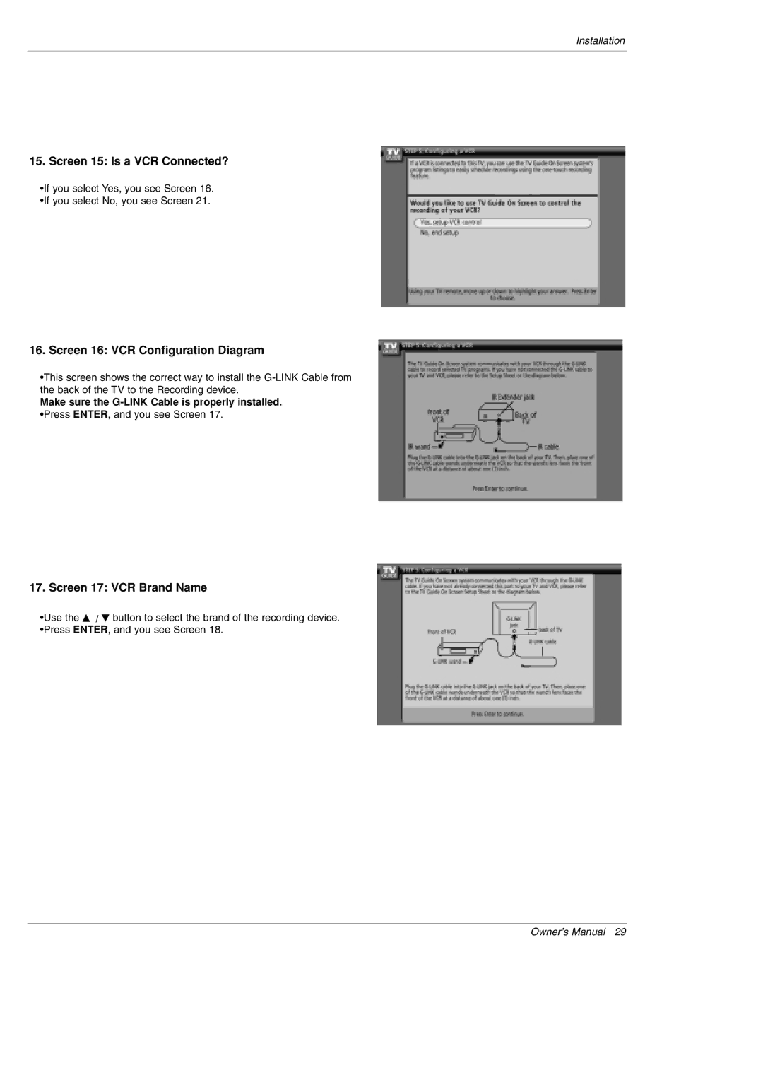 LG Electronics DU-50PY10 Screen 15 Is a VCR Connected?, Screen 16 VCR Configuration Diagram, Screen 17 VCR Brand Name 