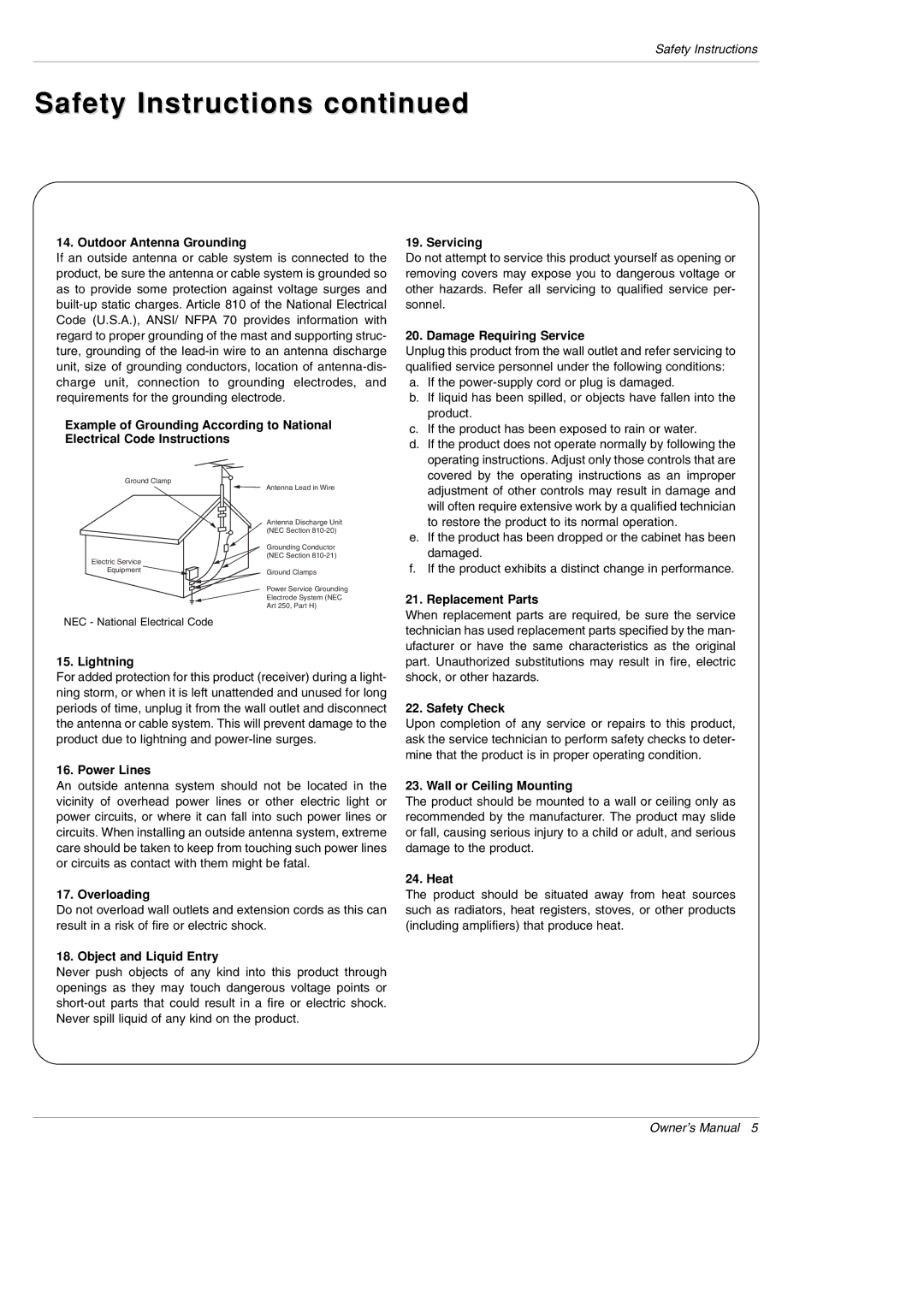 LG Electronics DU-50PY10 owner manual Safety Instructions 