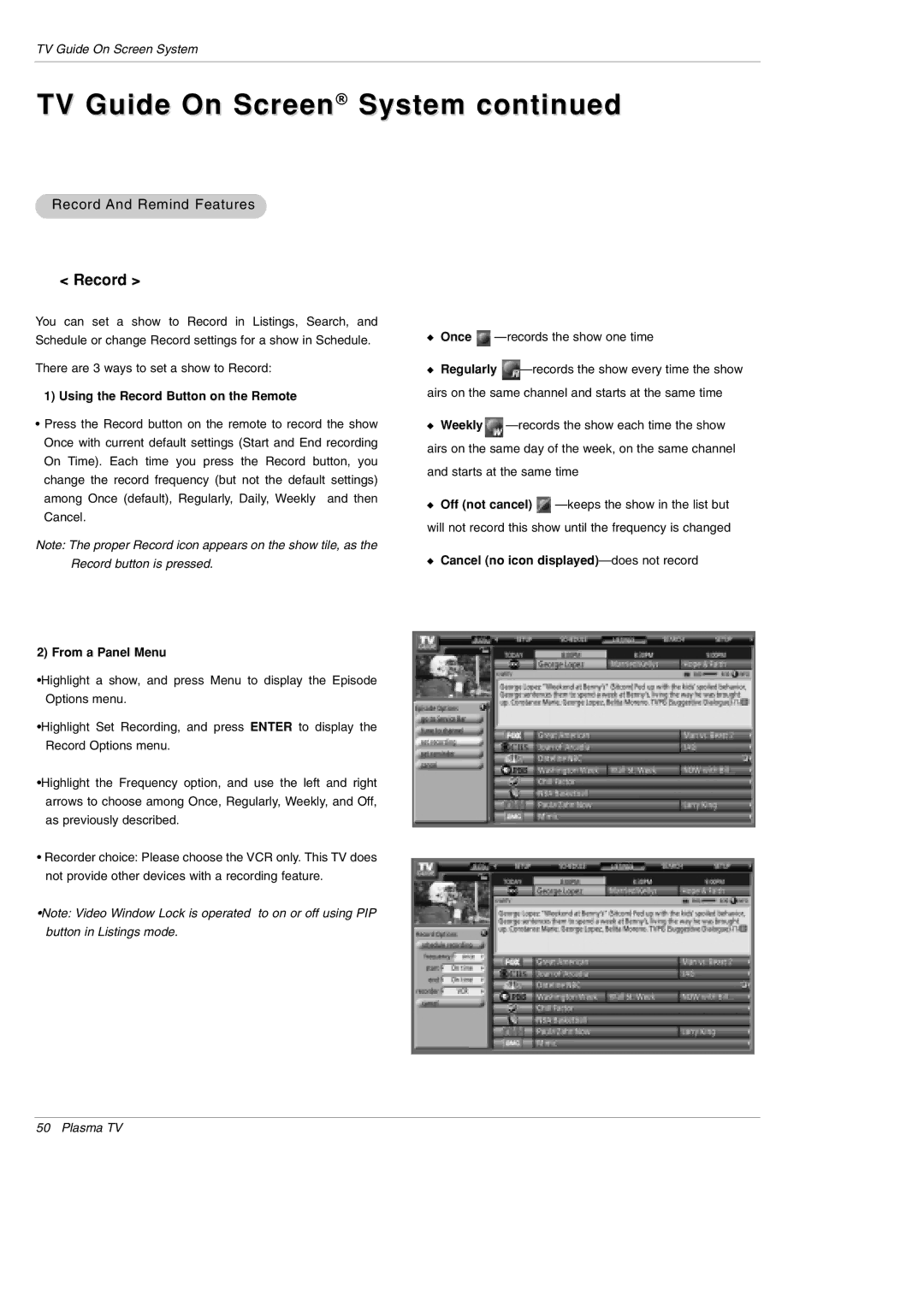 LG Electronics DU-50PY10 owner manual Record And Remind Features, Using the Record Button on the Remote, From a Panel Menu 