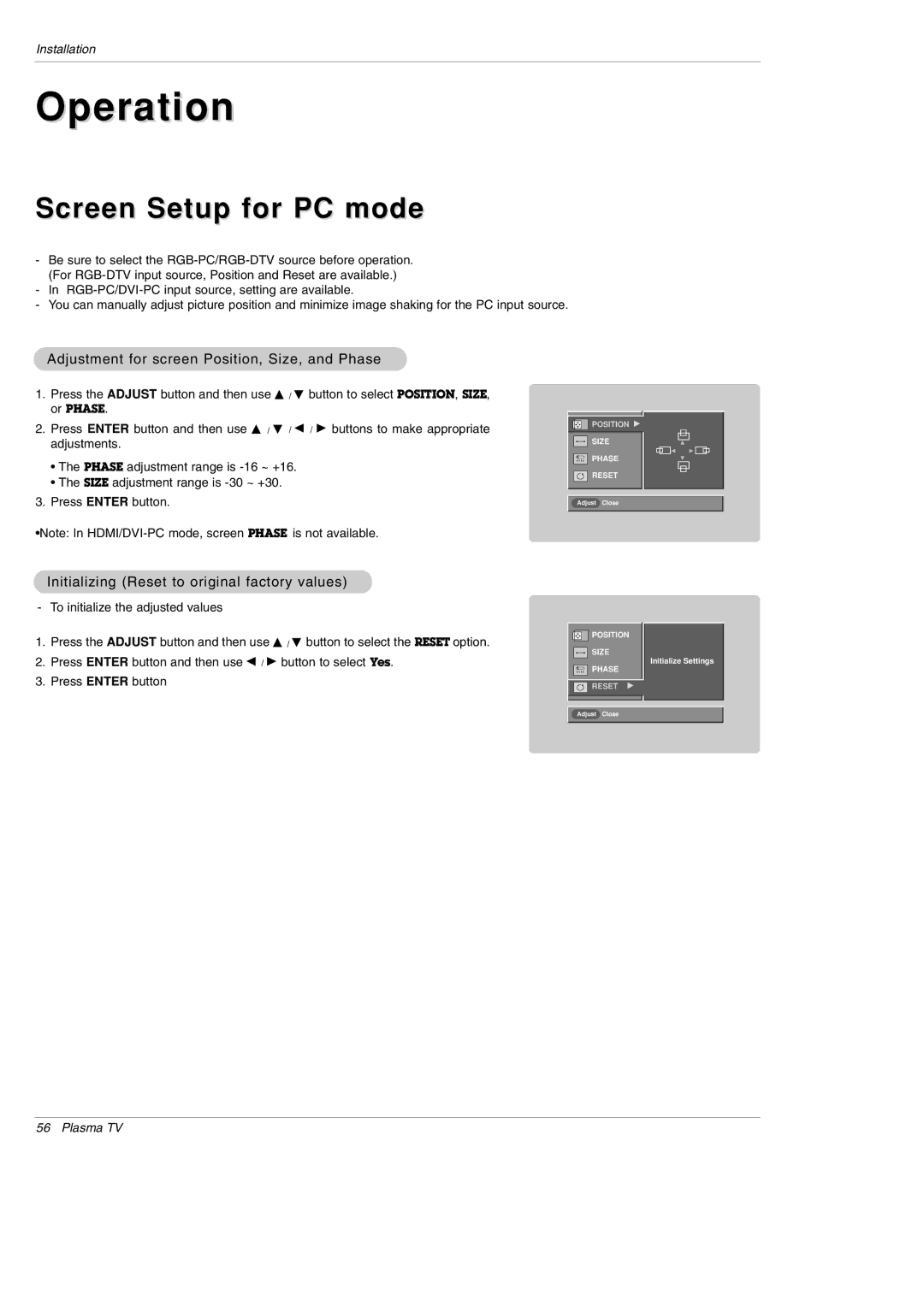 LG Electronics DU-50PY10 owner manual Screen Setup for PC mode, Adjustment for screen Position, Size, and Phase 