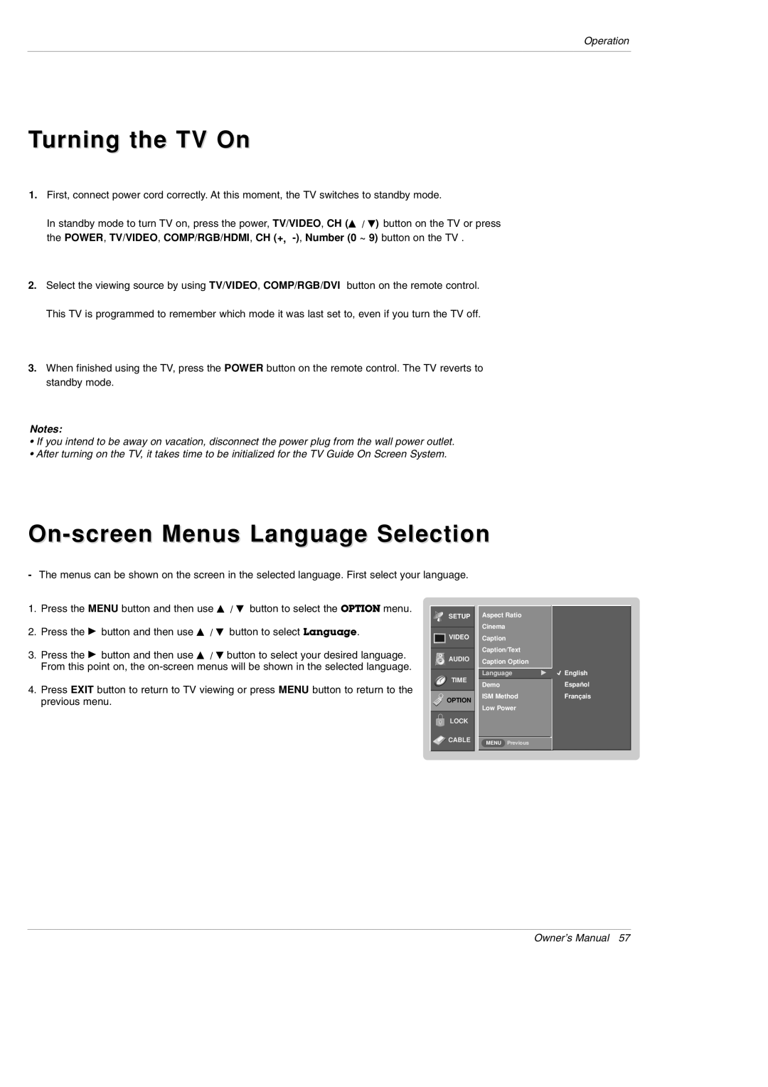 LG Electronics DU-50PY10 owner manual Turning the TV On, On-screen Menus Language Selection 