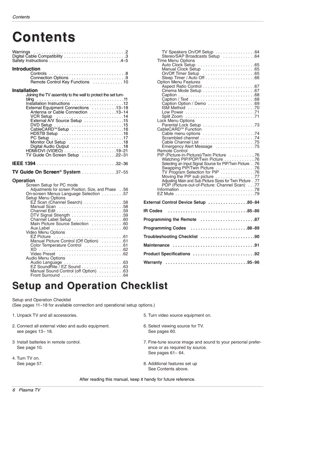 LG Electronics DU-50PY10 owner manual Contents 