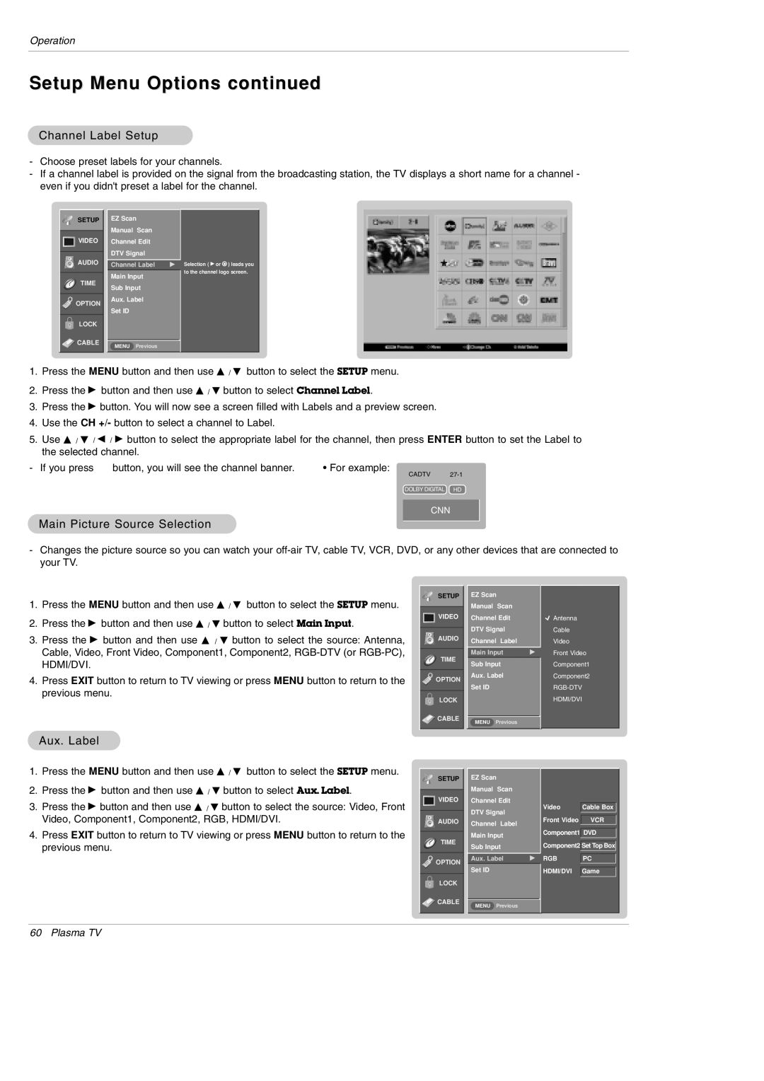 LG Electronics DU-50PY10 owner manual Channel Label Setup, Main Picture Source Selection, Aux. Label 