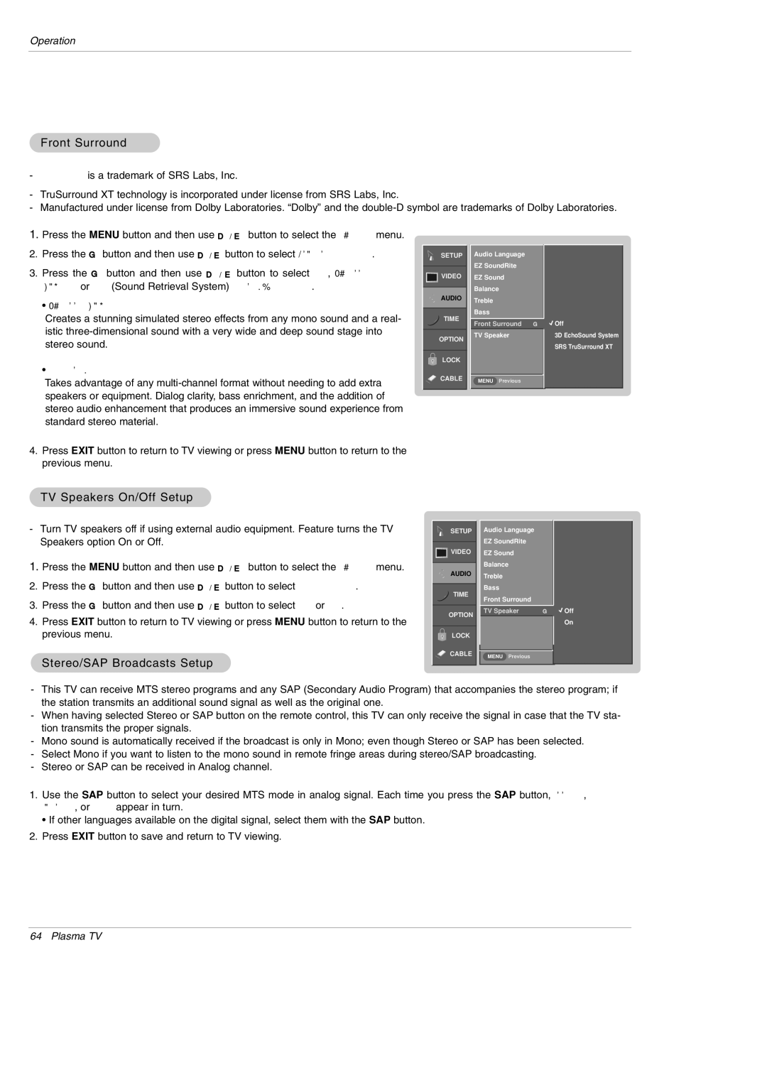 LG Electronics DU-50PY10 owner manual Front Surround, TV Speakers On/Off Setup, Stereo/SAP Broadcasts Setup 