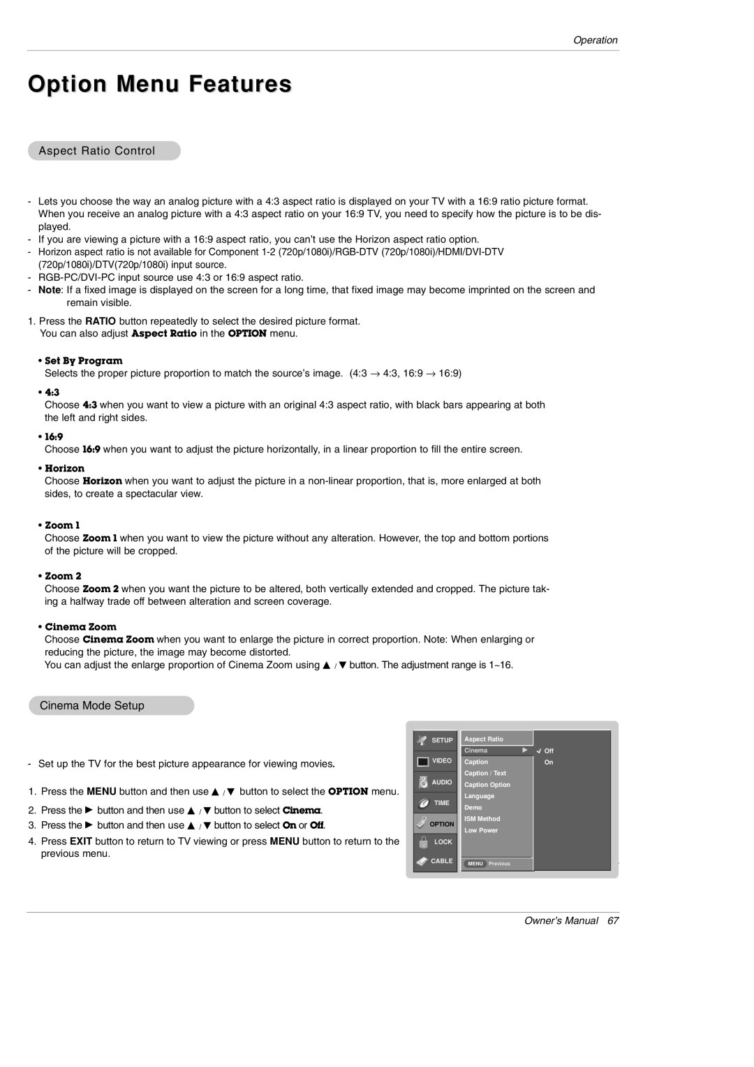 LG Electronics DU-50PY10 owner manual Option Menu Features, Aspect Ratio Control, Cinema Mode Setup 