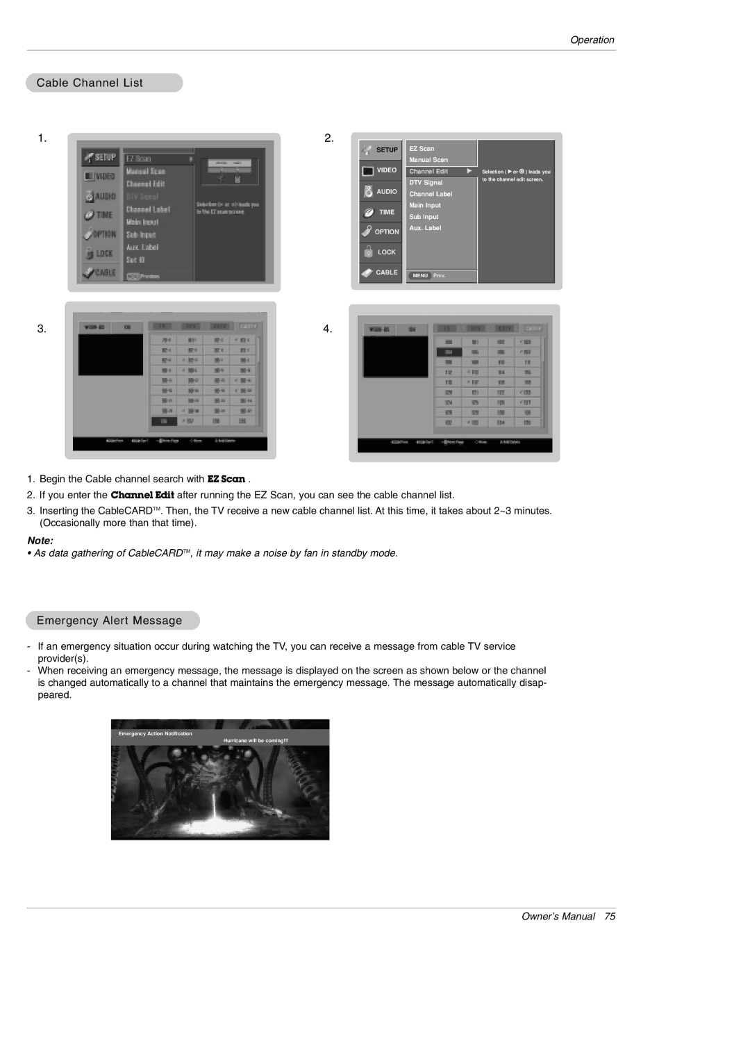 LG Electronics DU-50PY10 owner manual Cable Channel List, Emergency Alert Message 