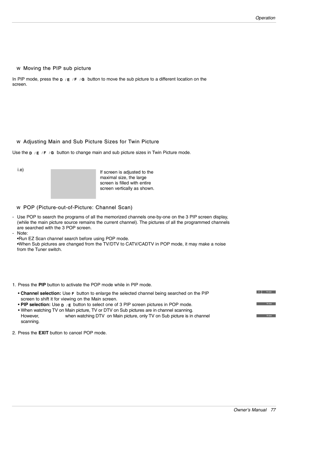 LG Electronics DU-50PY10 owner manual Moving the PIP sub picture, Adjusting Main and Sub Picture Sizes for Twin Picture 