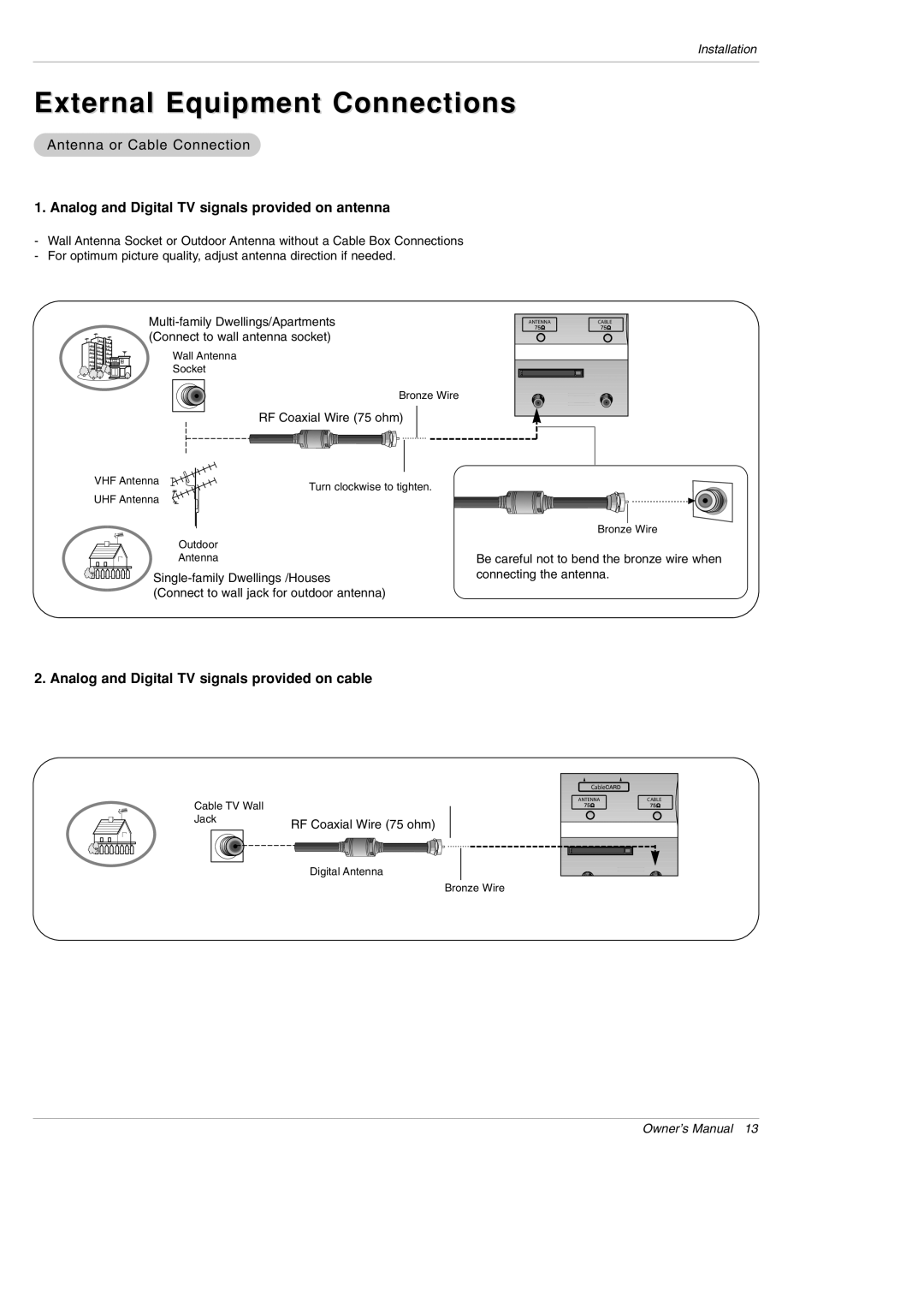 LG Electronics DU-60PY10 owner manual External Equipment Connections, Antenna or Cable Connection 