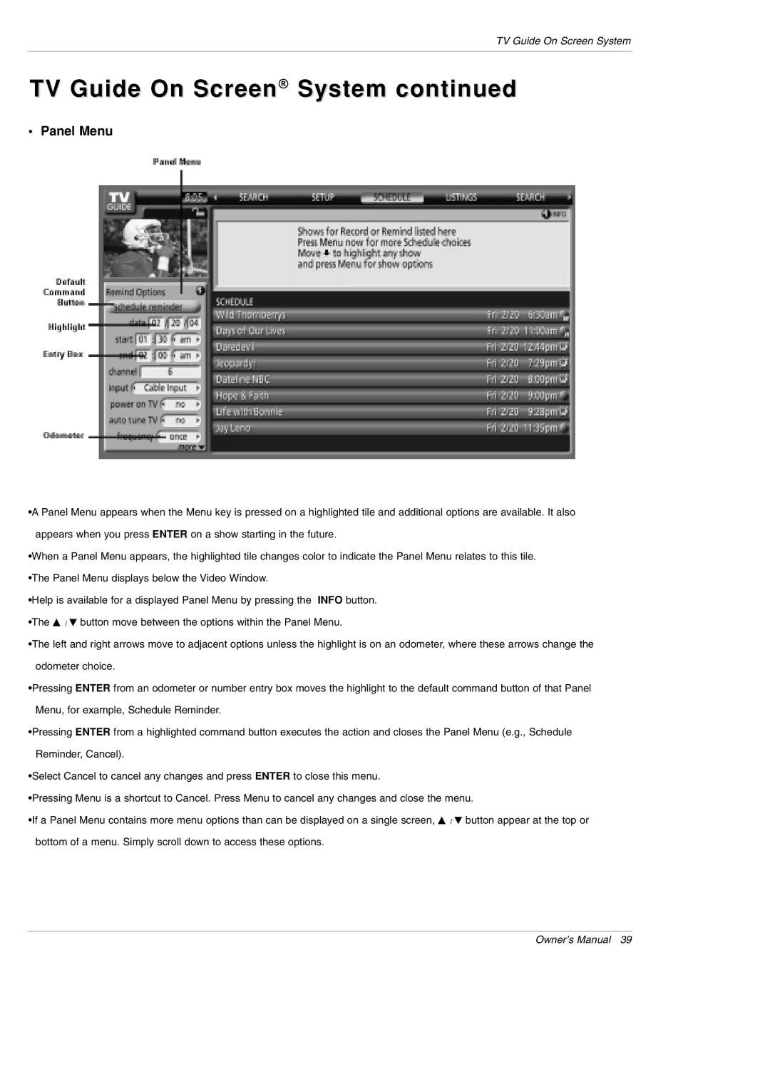 LG Electronics DU-60PY10 owner manual Panel Menu 