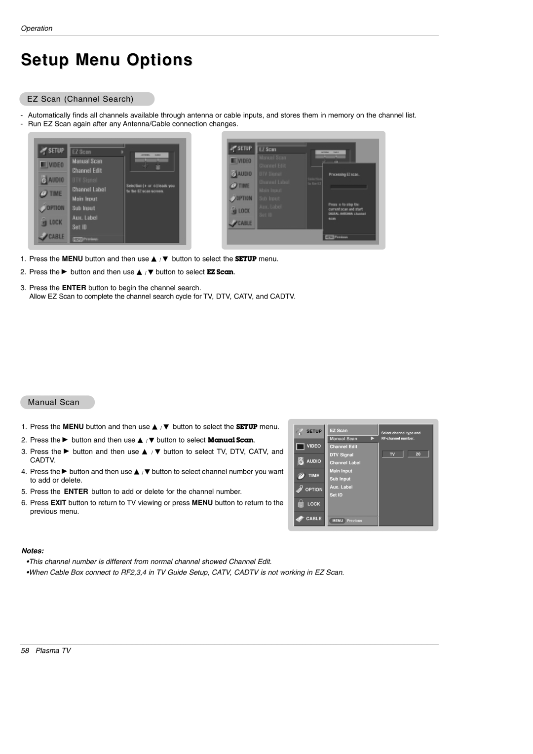 LG Electronics DU-60PY10 owner manual Setup Menu Options, EZ Scan Channel Search, Manual Scan 