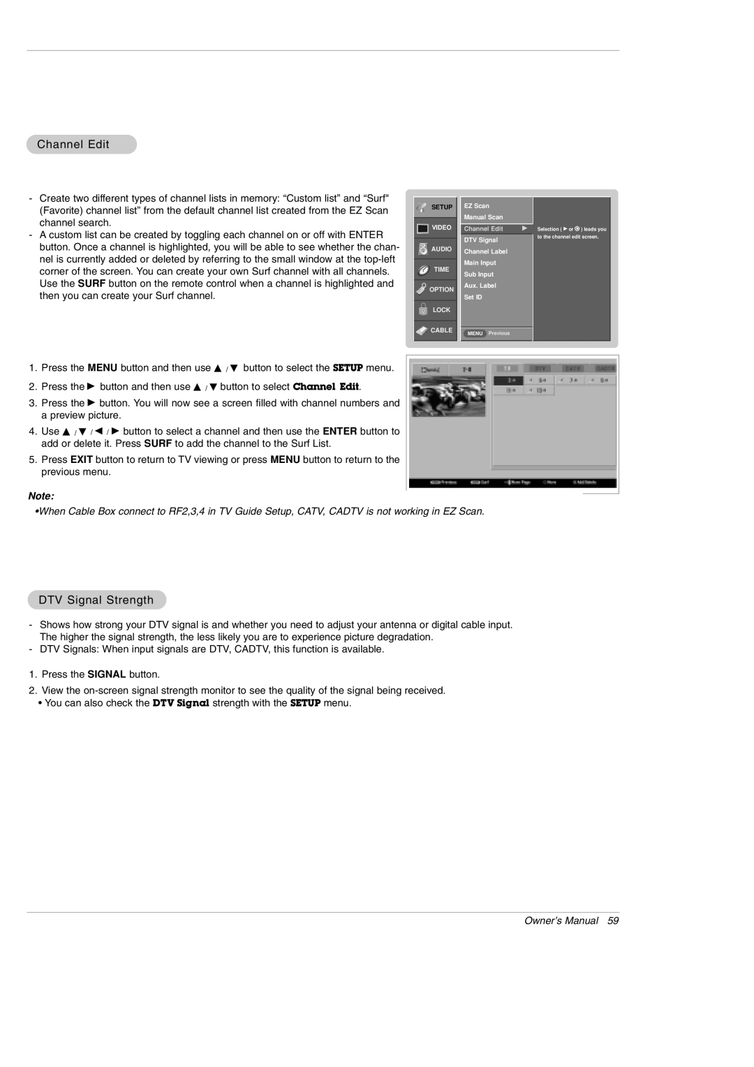 LG Electronics DU-60PY10 owner manual Channel Edit, DTV Signal Strength 