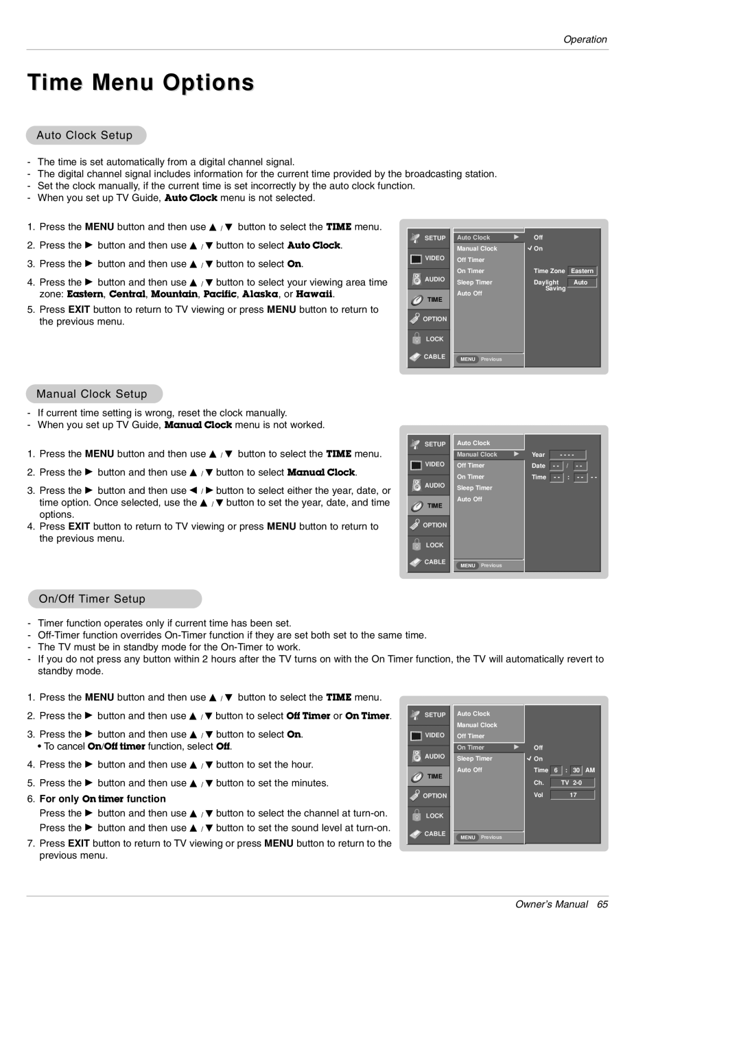 LG Electronics DU-60PY10 owner manual Time Menu Options, Auto Clock Setup, Manual Clock Setup, On/Off Timer Setup 