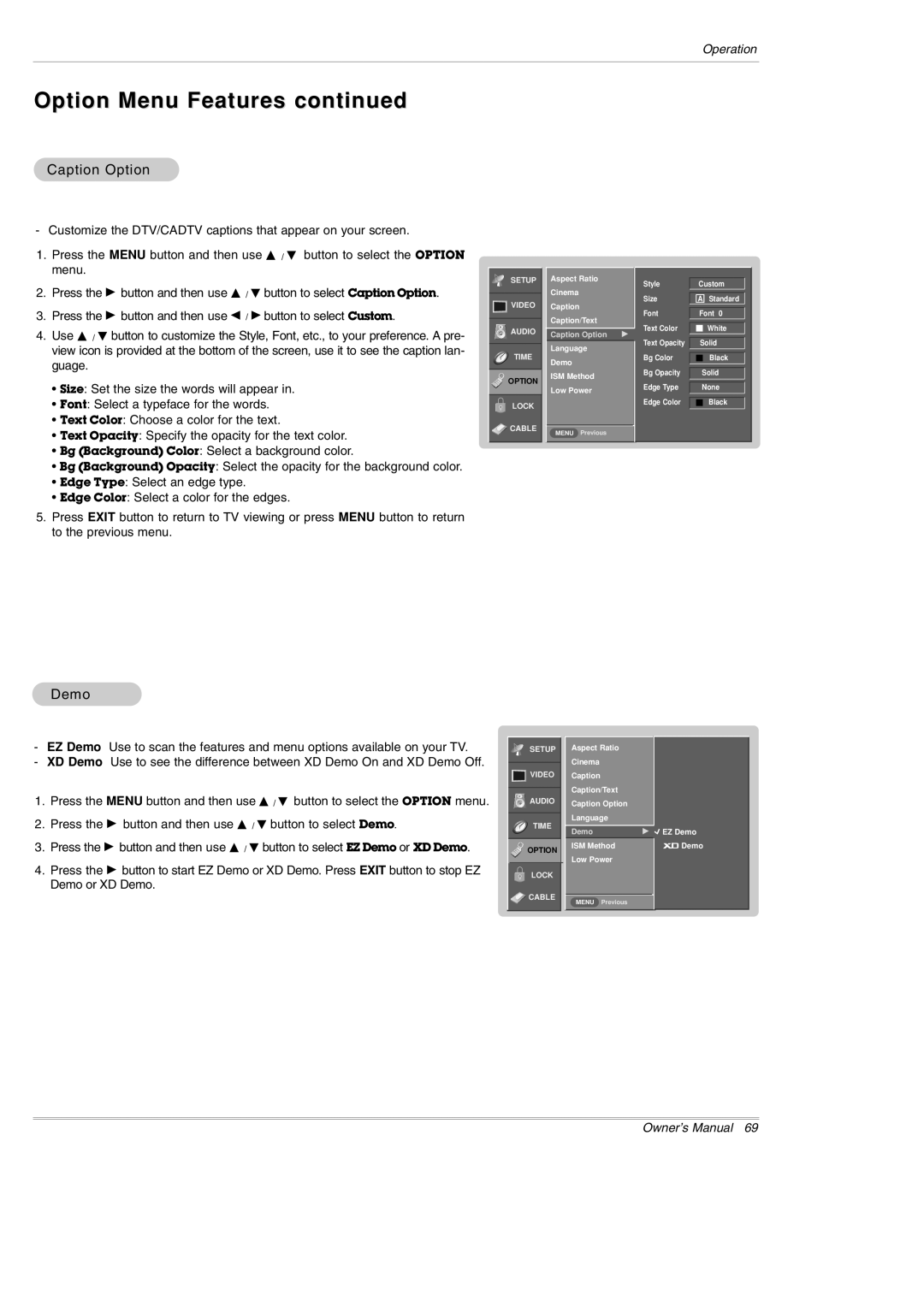 LG Electronics DU-60PY10 owner manual Caption Option, Demo 