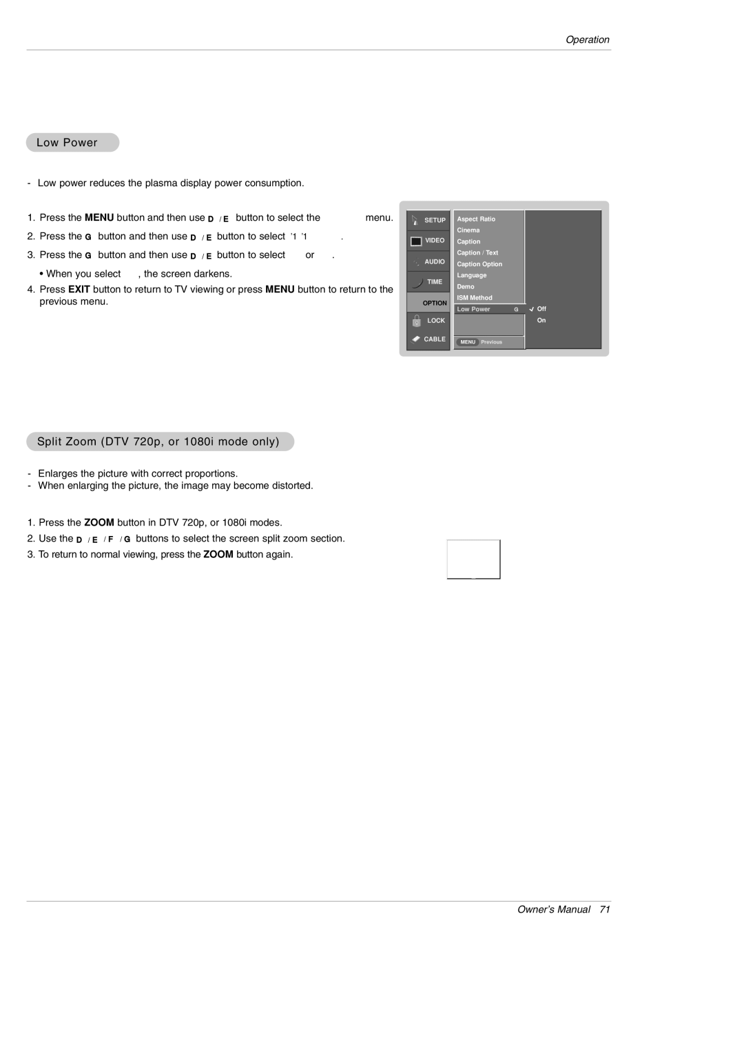 LG Electronics DU-60PY10 owner manual Low Power, Split Zoom DTV 720p, or 1080i mode only 