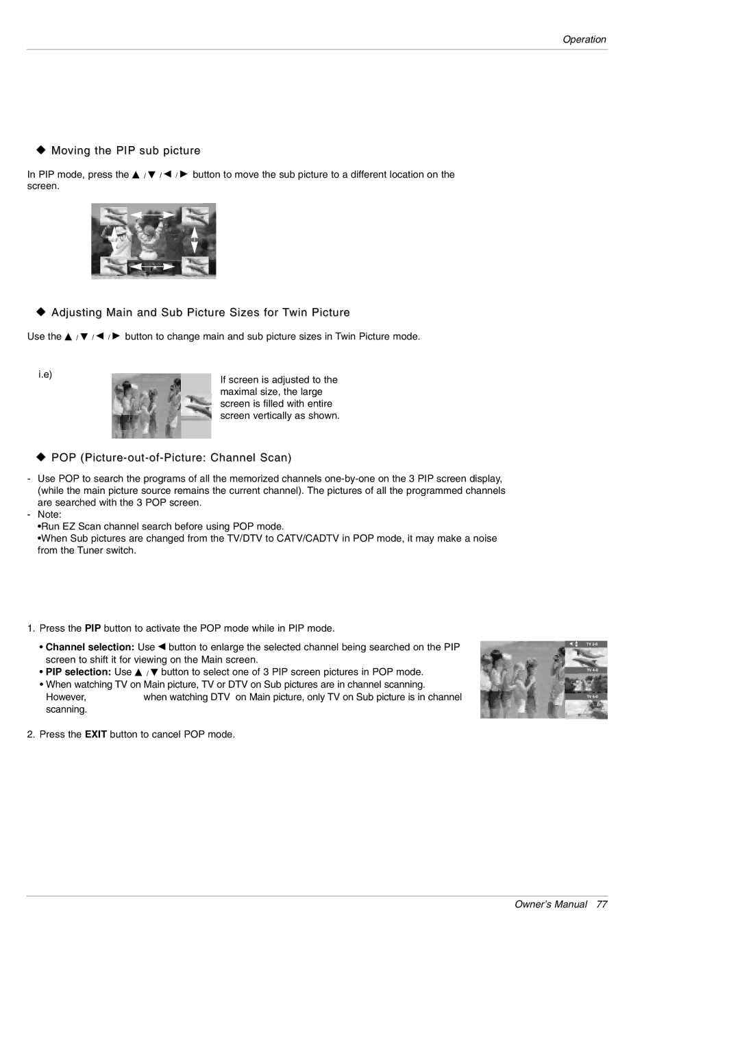 LG Electronics DU-60PY10 owner manual Moving the PIP sub picture, Adjusting Main and Sub Picture Sizes for Twin Picture 