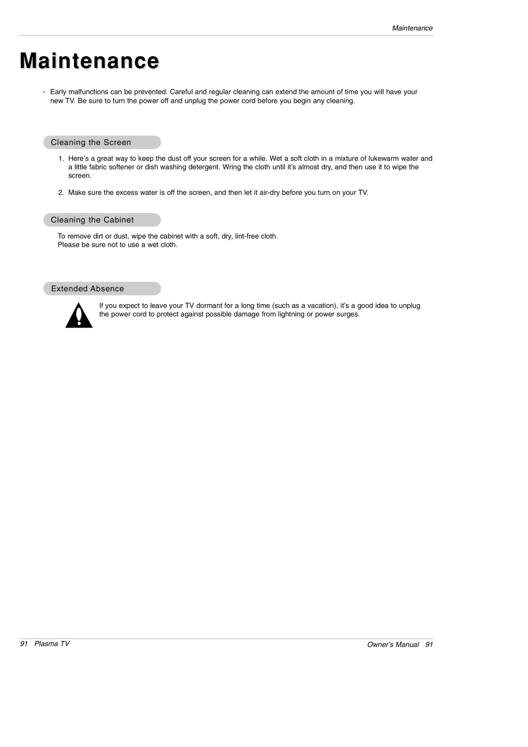 LG Electronics DU-60PY10 owner manual Cleaning the Screen, Cleaning the Cabinet, Extended Absence 