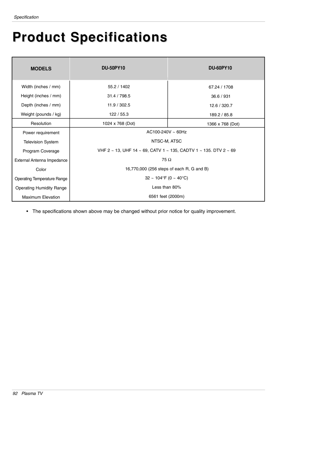 LG Electronics owner manual Product Specifications, DU-50PY10 DU-60PY10 