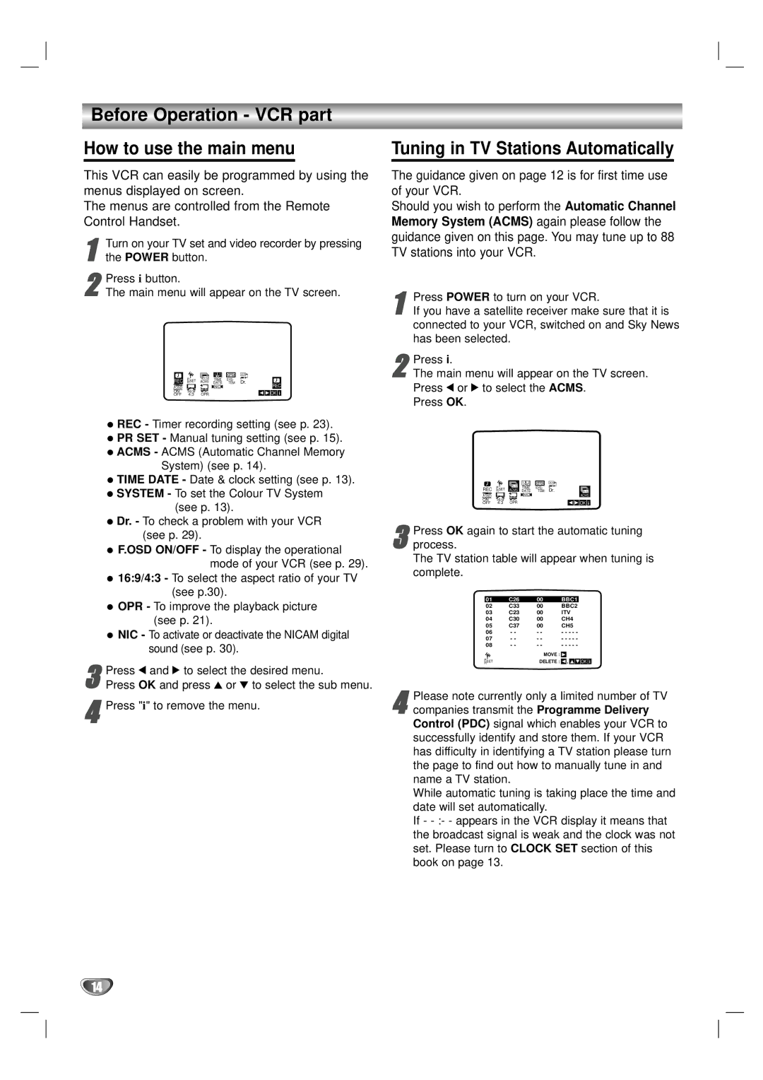 LG Electronics DV1000 Before Operation VCR part How to use the main menu, Tuning in TV Stations Automatically, Press 