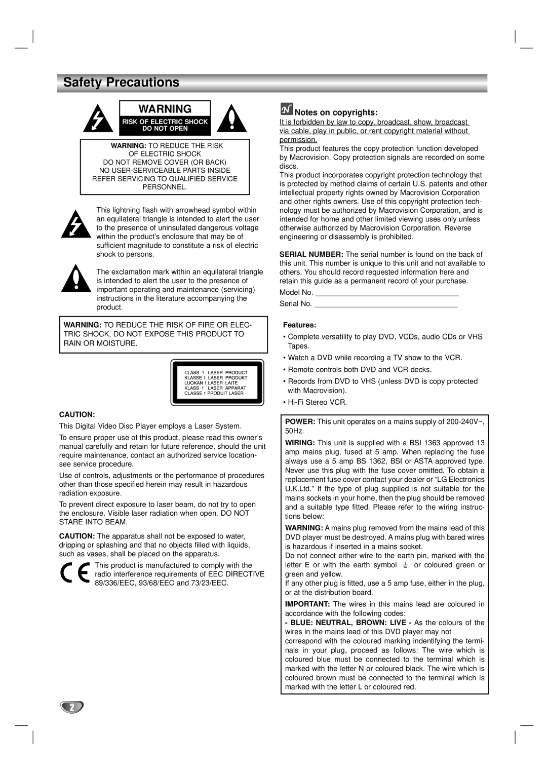 LG Electronics DV1000 owner manual Safety Precautions, Features 